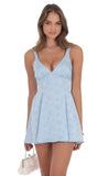 Floral Jacquard Bow Tie Dress in Light Blue