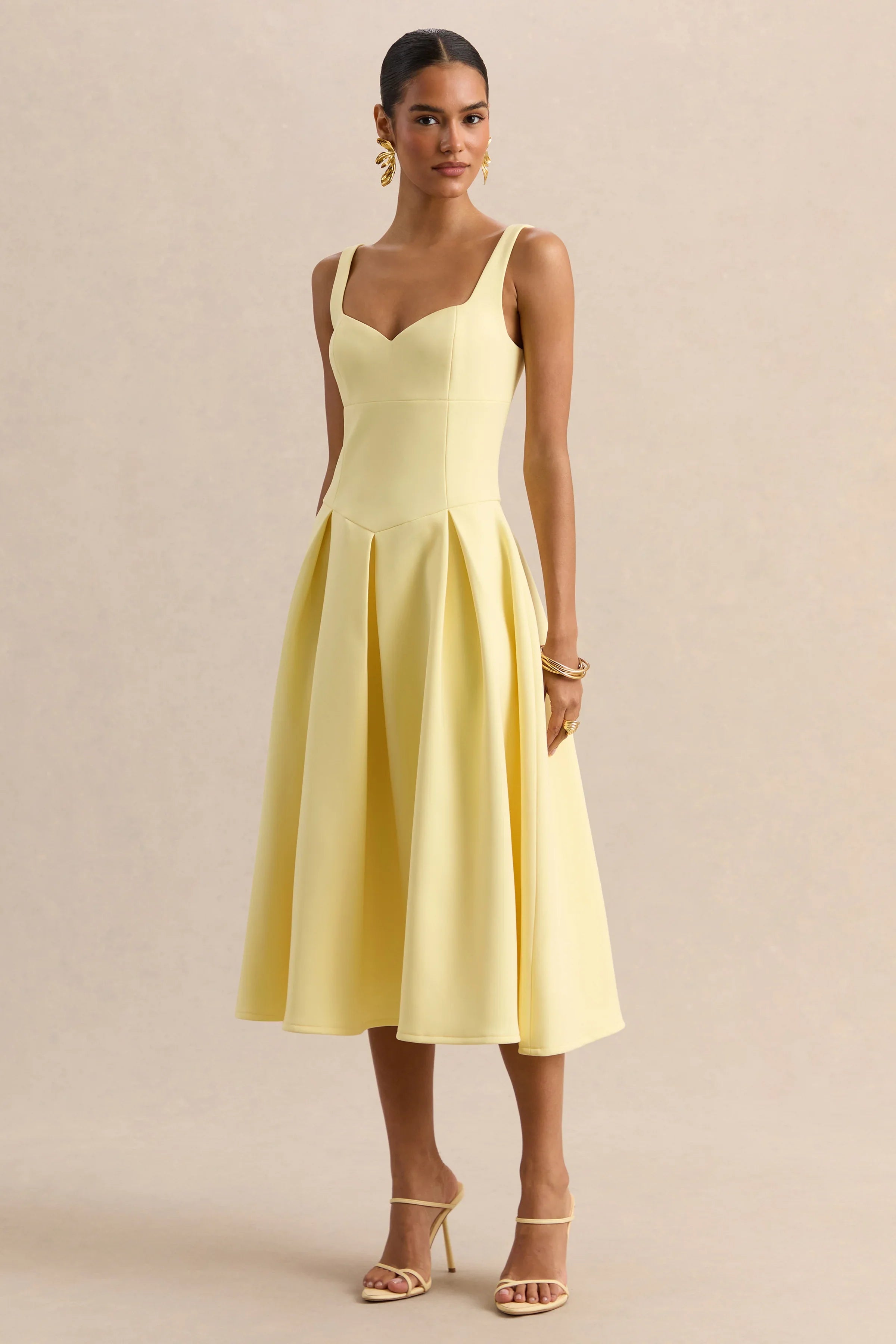 Greta Lemon Sweetheart Neck Midi Dress