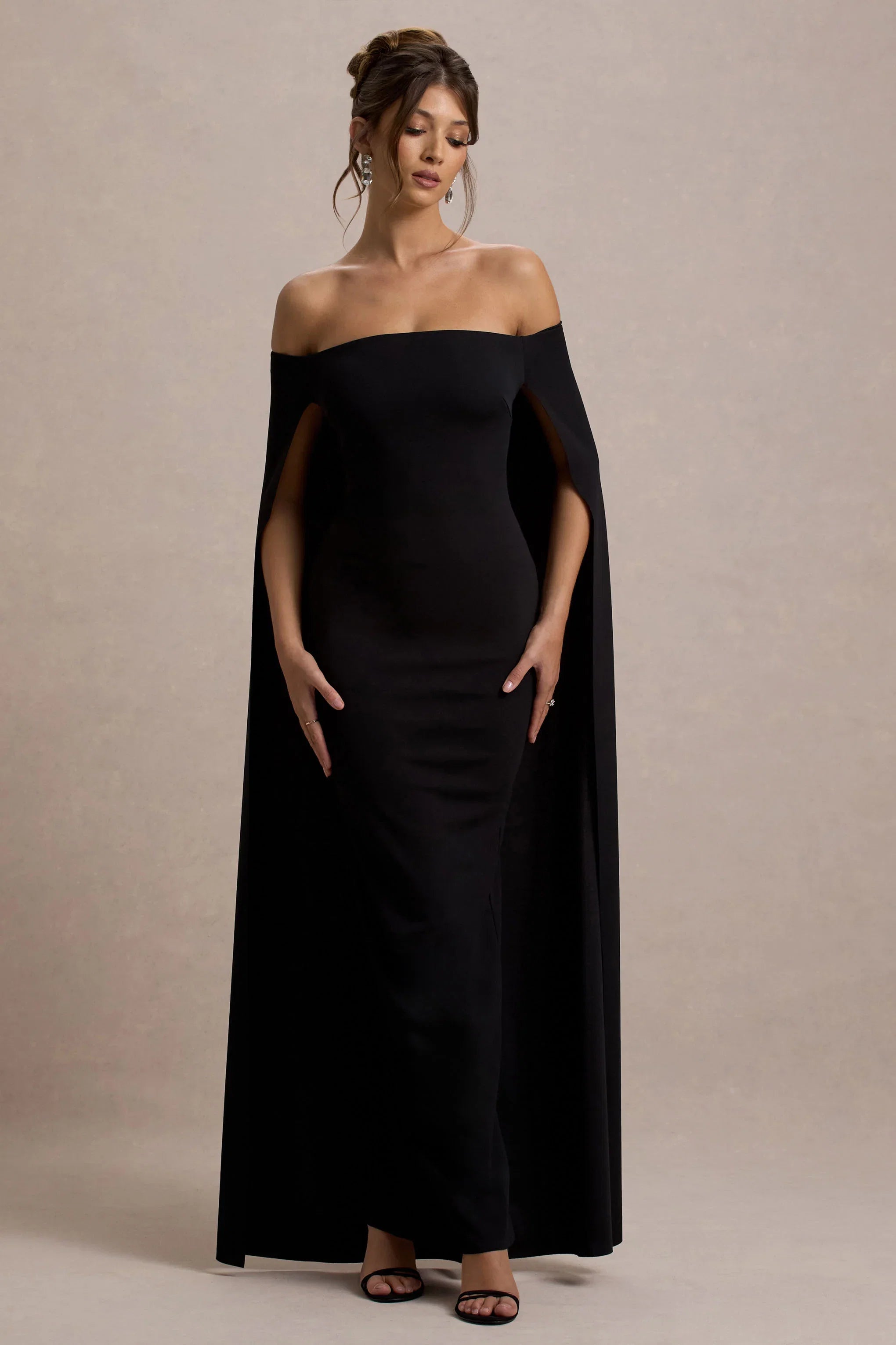 Genovia Black Bardot Cape Maxi Dress