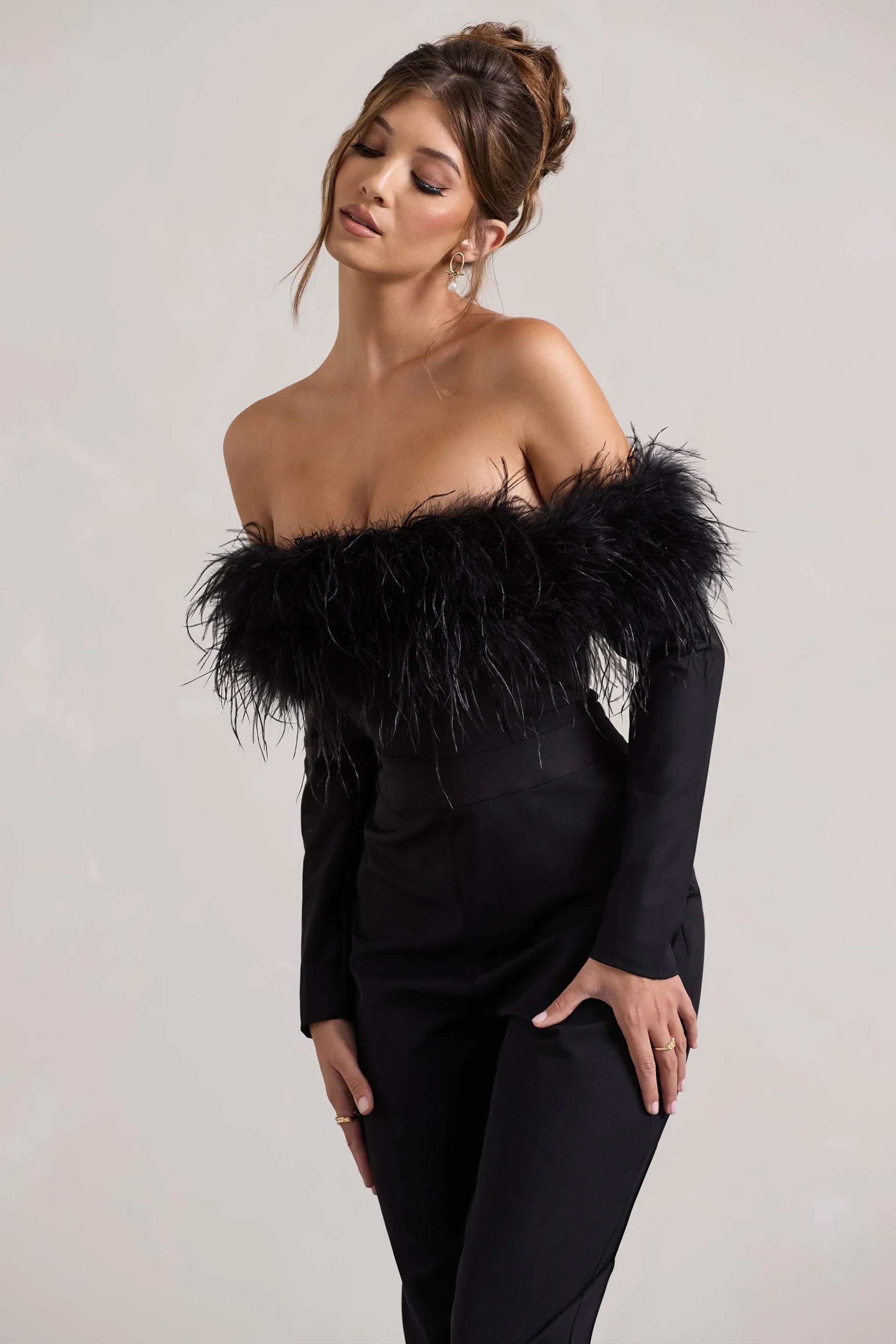 Ales Black Bardot Tailored Straight Leg Jumpsuit With Feather Trim