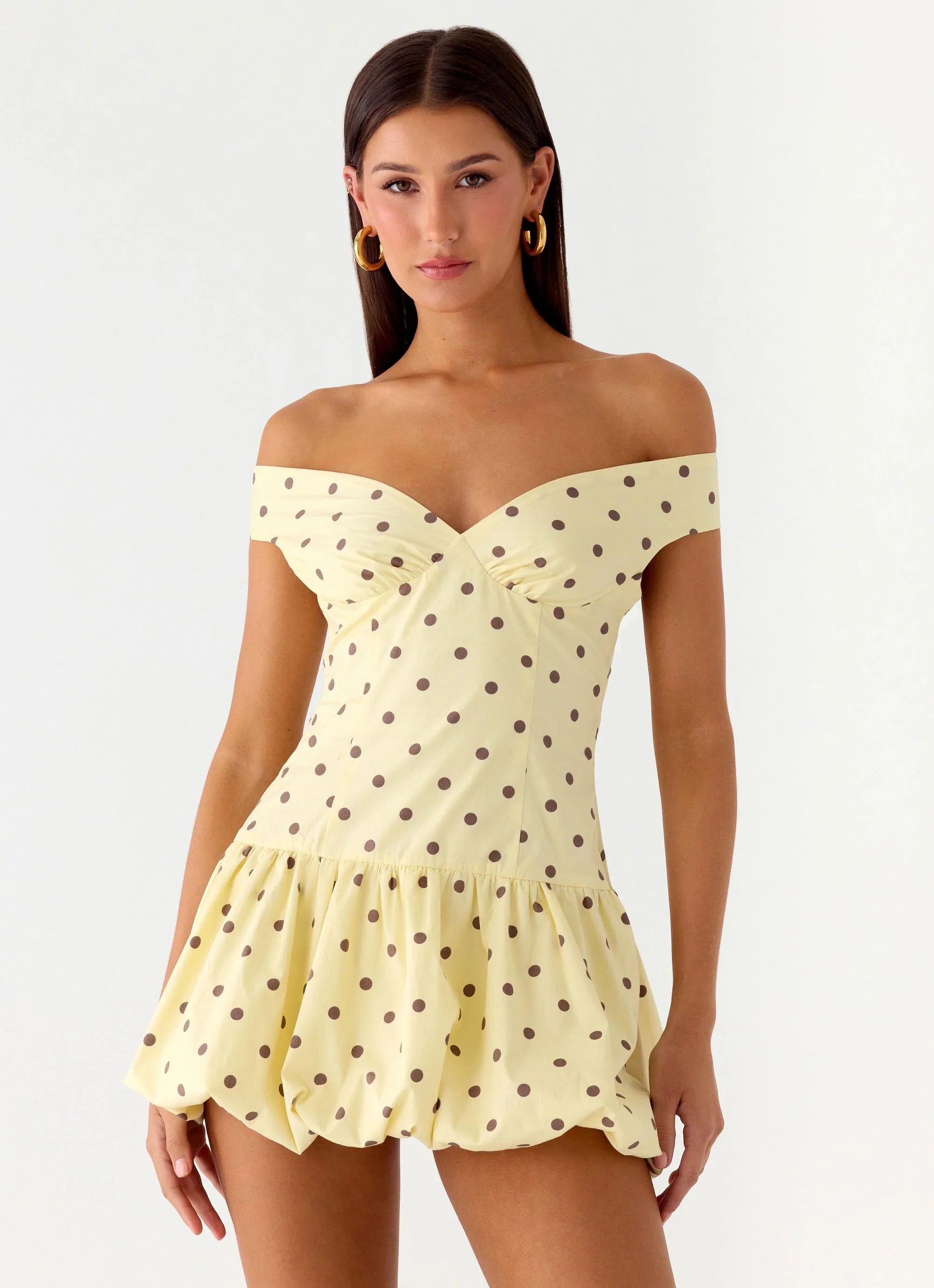 Endless Romance Off Shoulder Mini Dress Yellow Polkadot