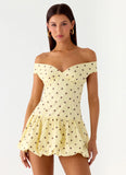 Endless Romance Off Shoulder Mini Dress Yellow Polkadot