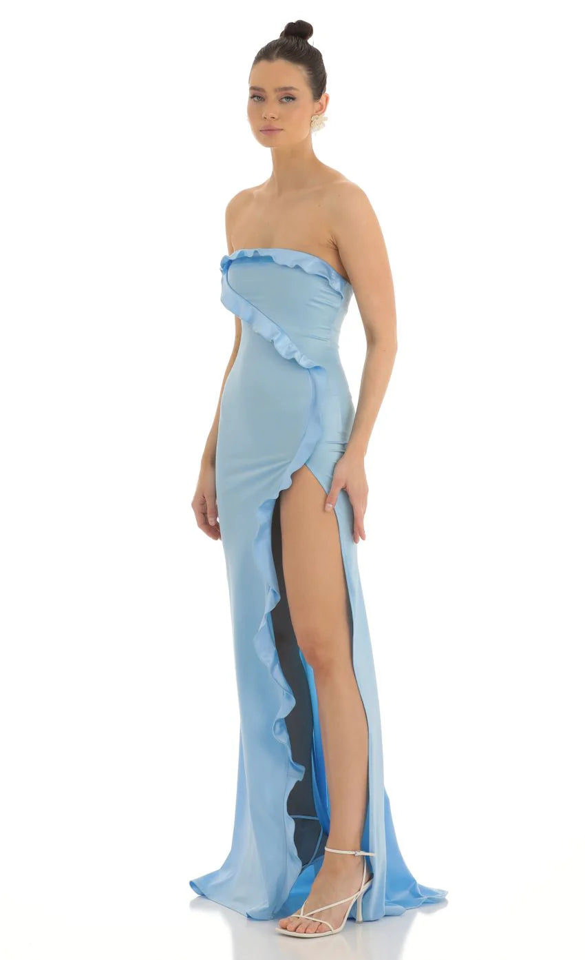 Strapless Satin Maxi Dress in Blue