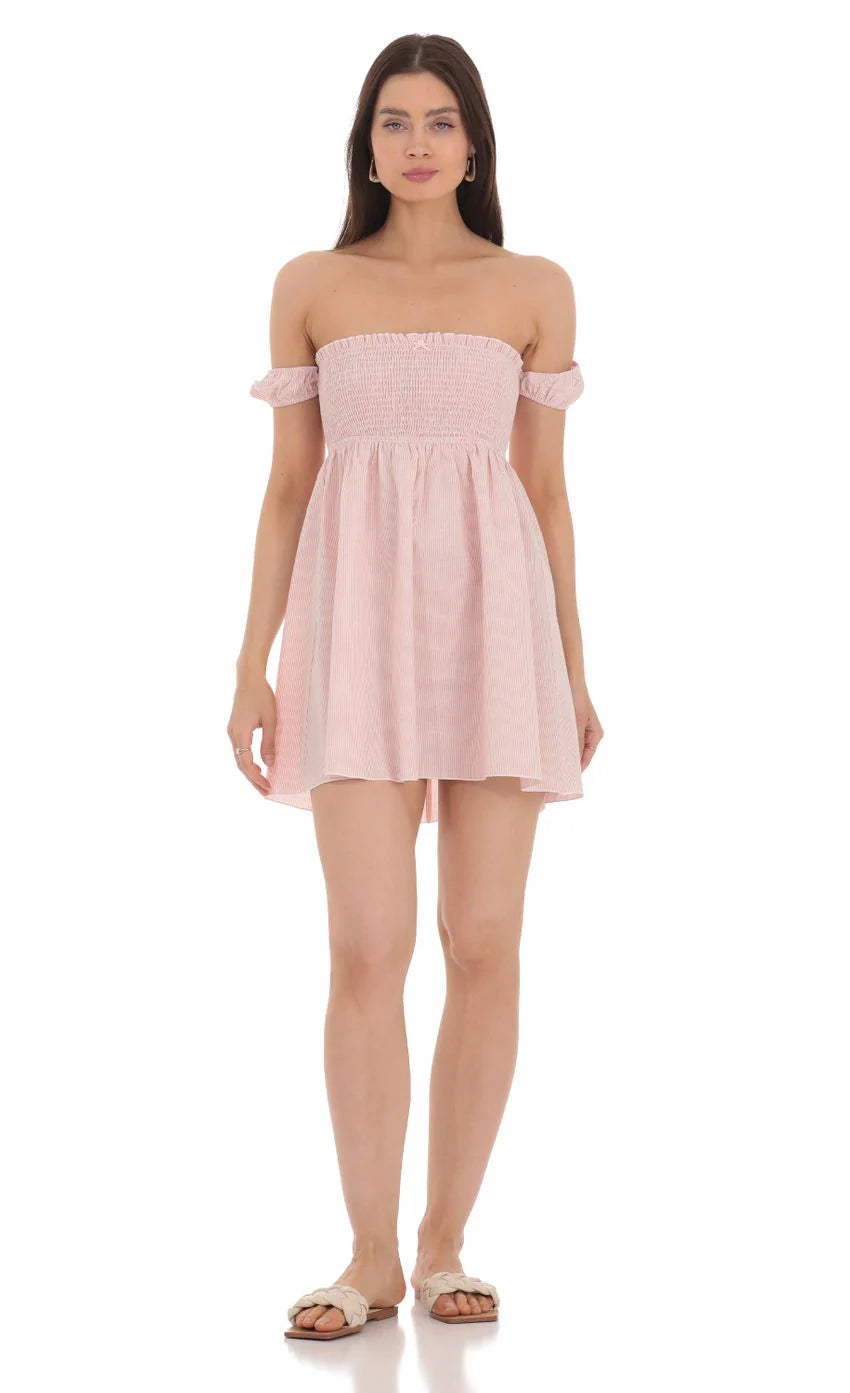 Striped Smocked Off Shoulder Dress in Pink