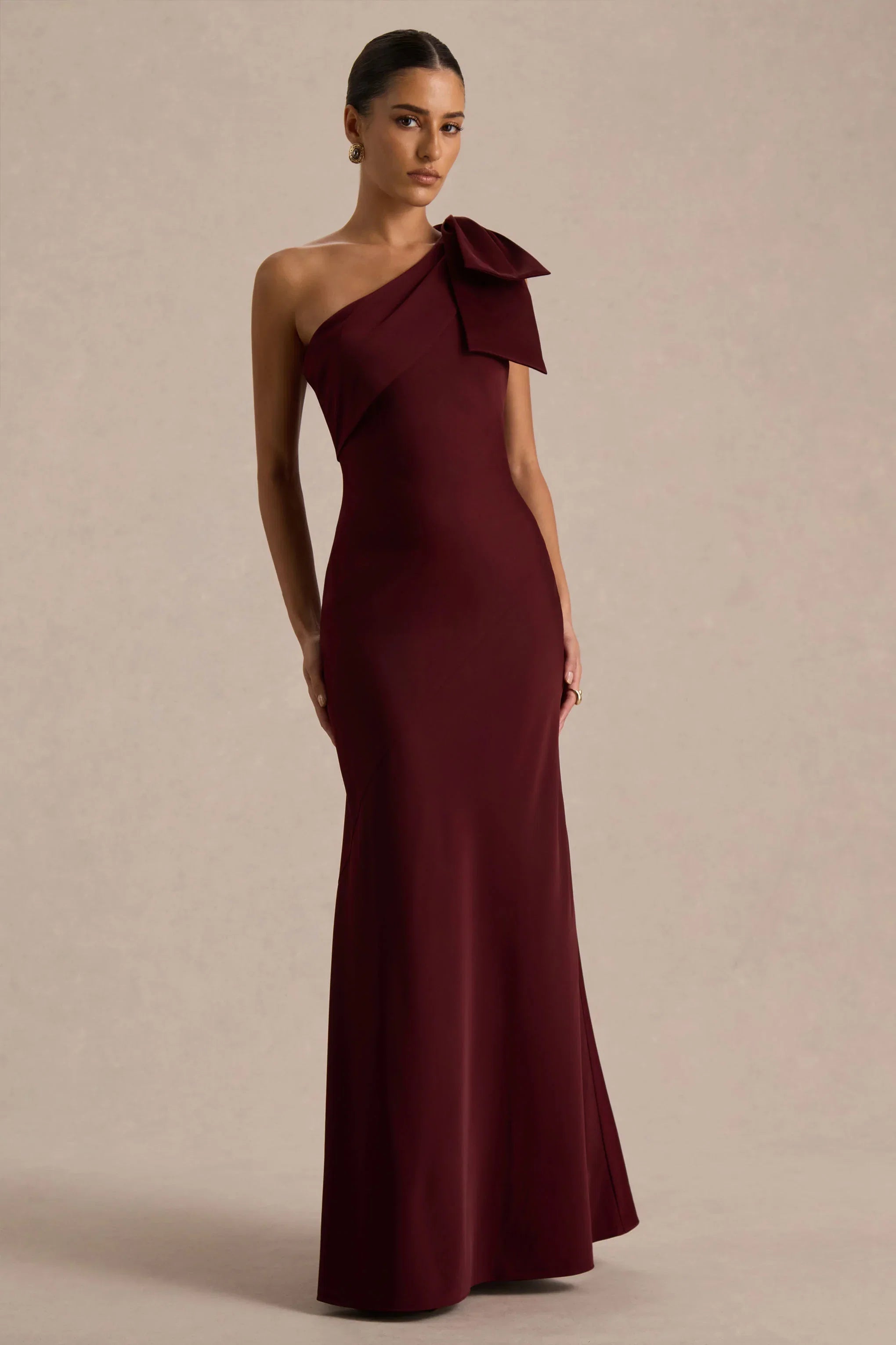 Josephine Burgundy Matte Satin Asymmetric Neck Maxi Dress With Bow Detail