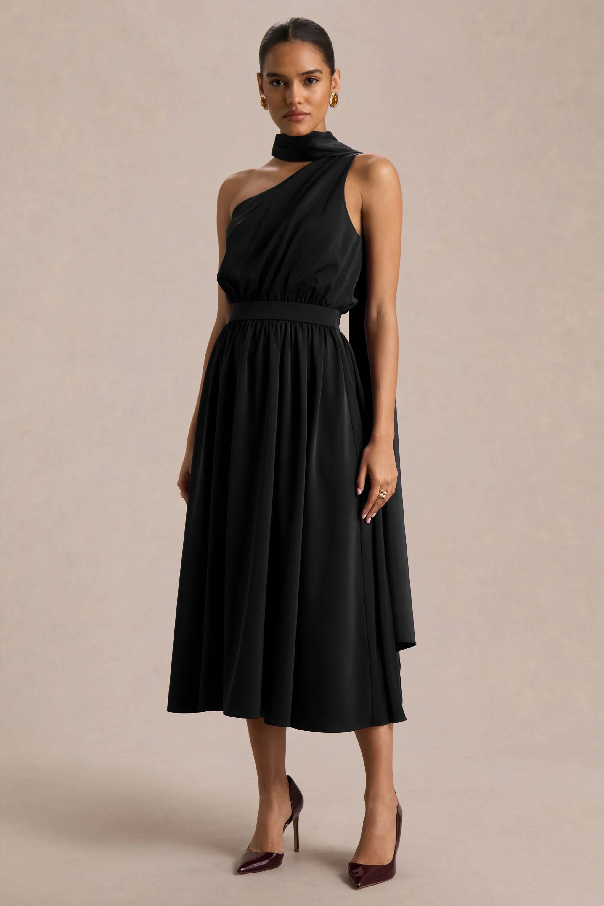 Caluna Black Satin Asymmetric Neck Midi Dress With Scarf Detail
