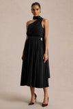 Caluna Black Satin Asymmetric Neck Midi Dress With Scarf Detail