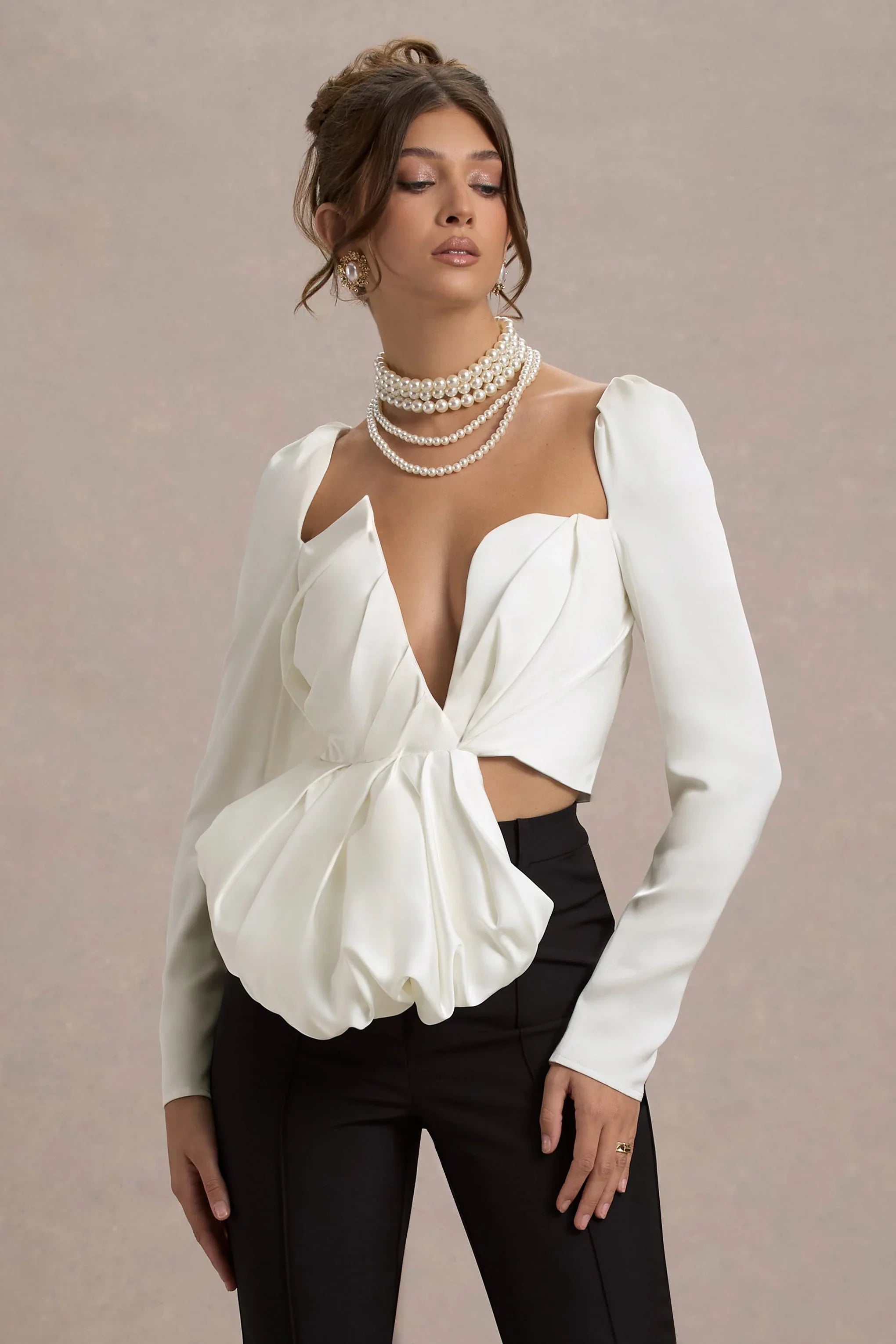 Bensley Ecru Satin Asymmetric Plunge Neck Top With Ruffle