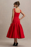Parida Red Poplin Drop Waist Midi Dress With Peplum Hem