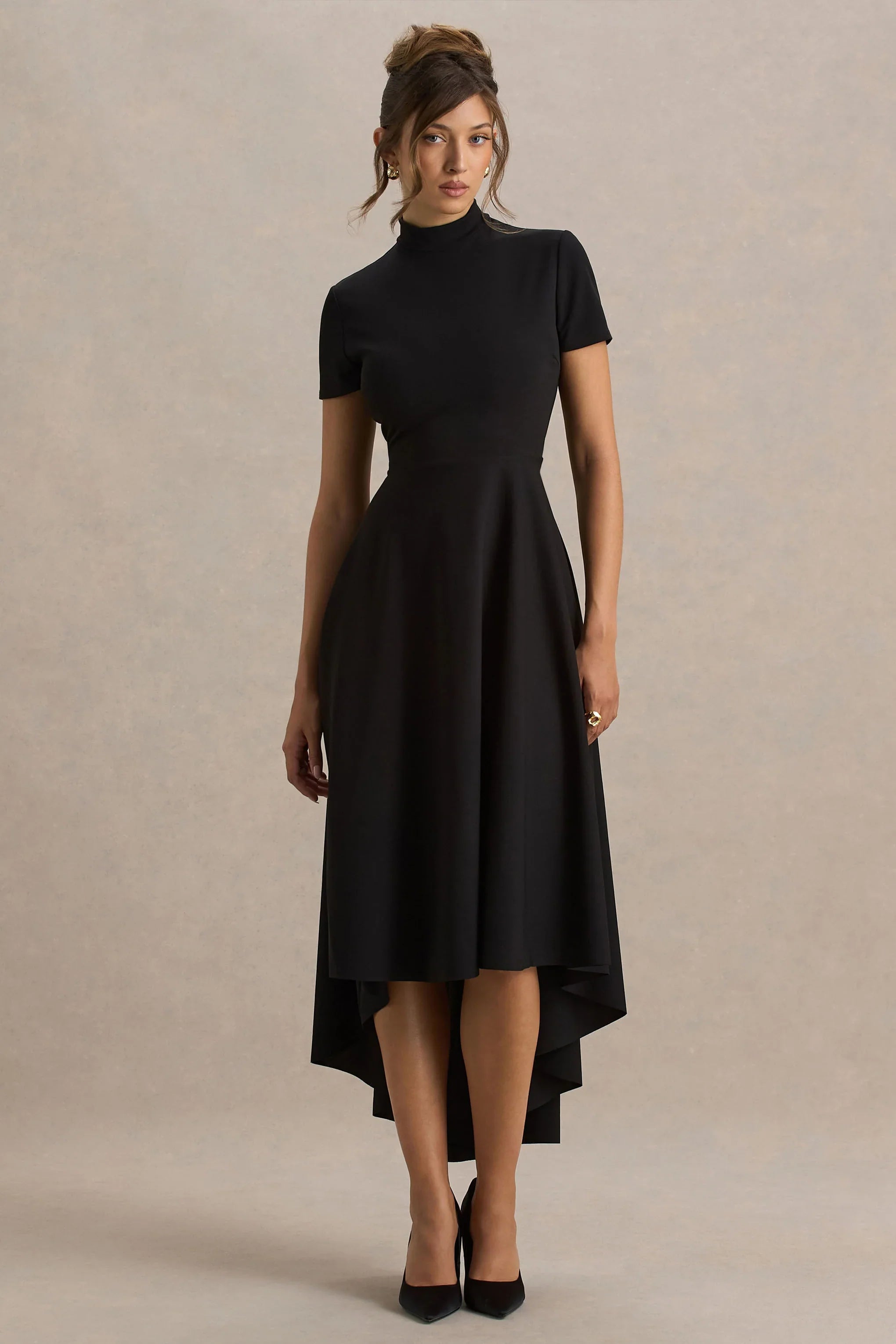 Bellona Black High Neck High Low Midi Dress