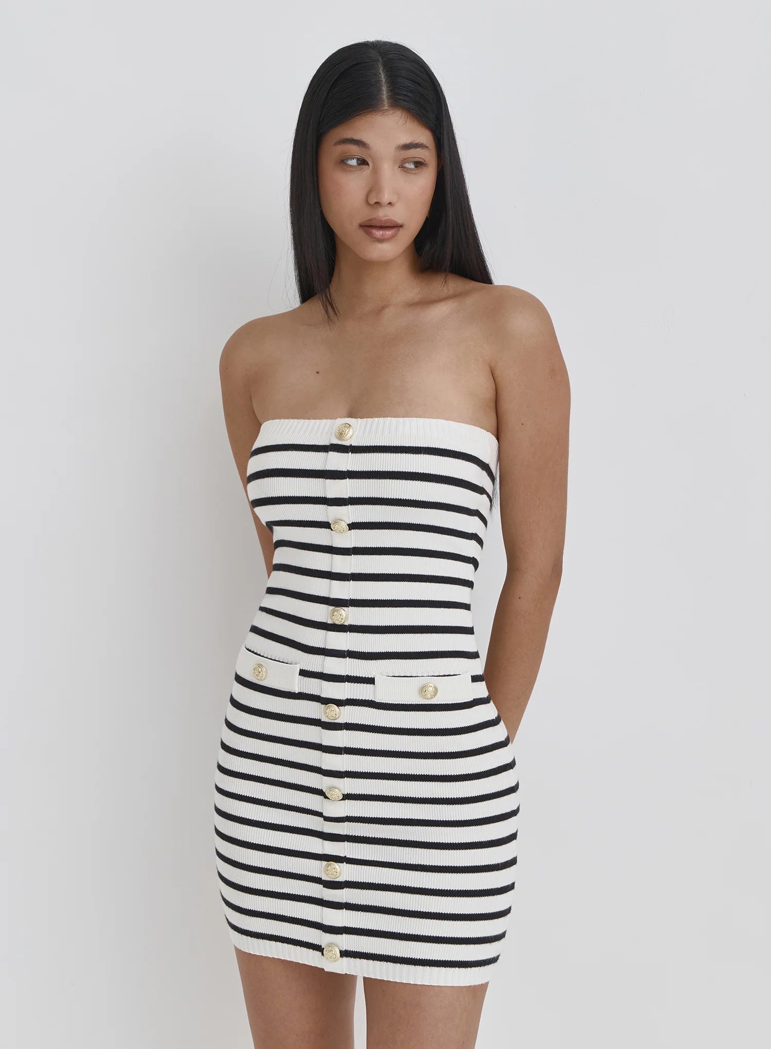 Multi Stripe Knitted Bandeau Button Mini Dress