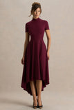 Bellona Burgundy High Neck High Low Midi Dress