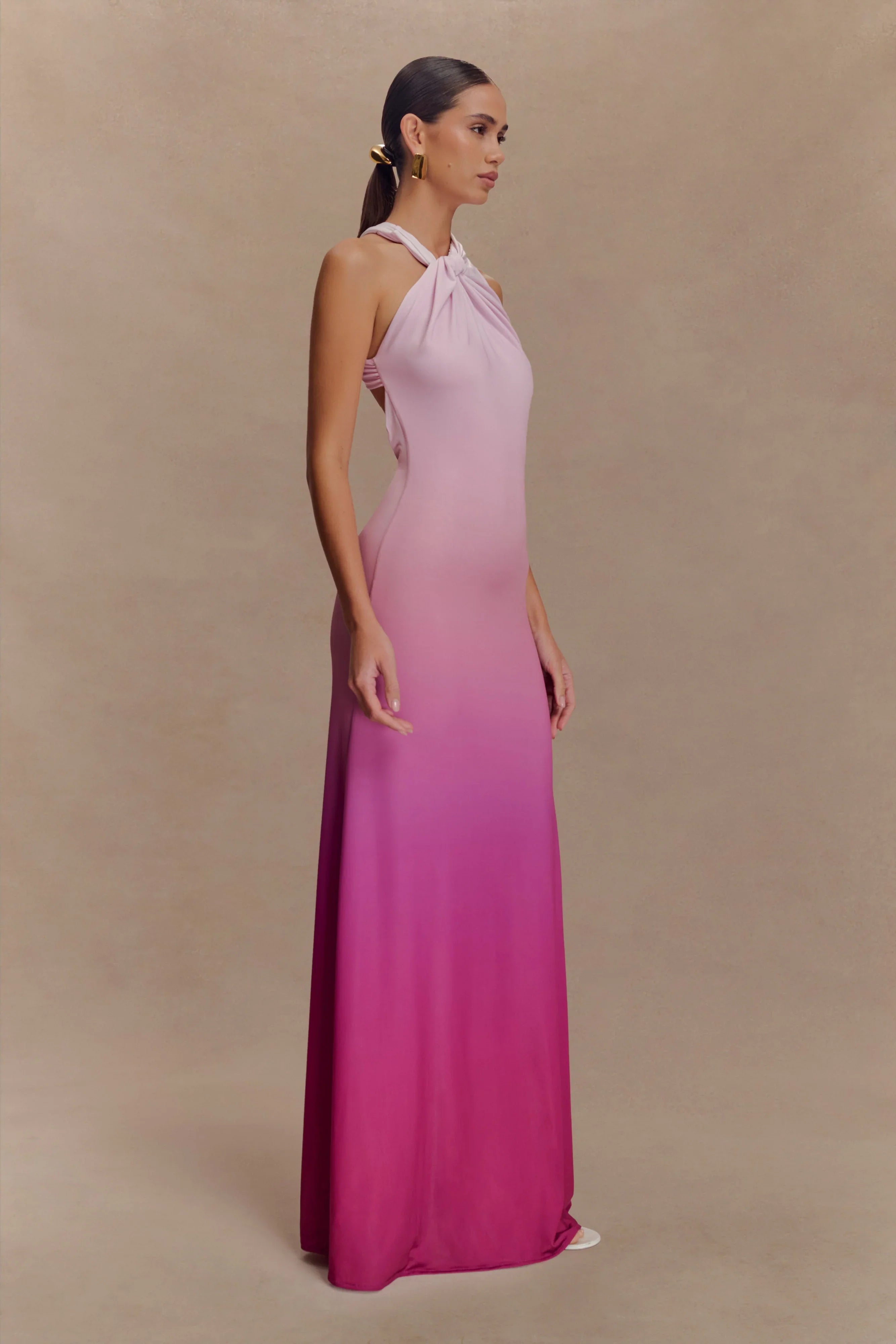 Marlee Asymmetrical Slinky Maxi Dress Ombre Pink