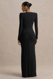 Jewel Black Plunge Neck Maxi Dress With Front Split and Ruched Detailing