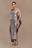 Cassia Strapless Sequin Rose Midi Dress Silver