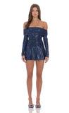 Off Shoulder Foil Flare Dress in Navy