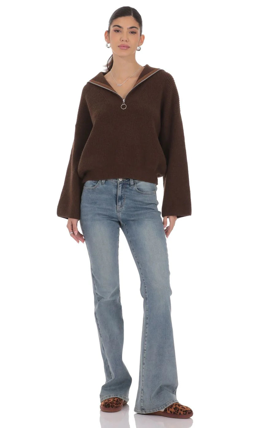 Knit Quarter Zip Jumper in Brown