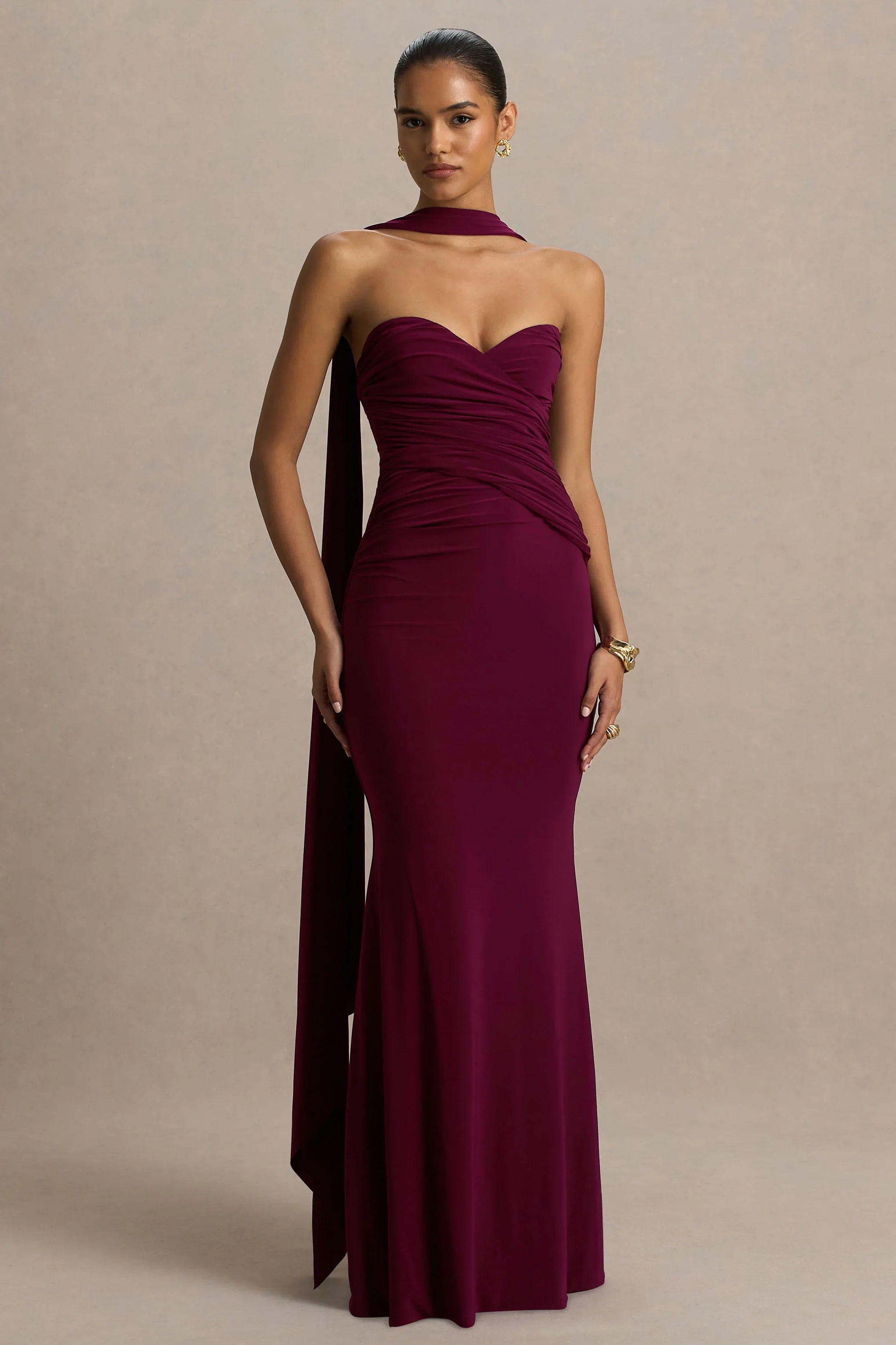 Leila Burgundy Sweetheart Maxi Dress With Scarf