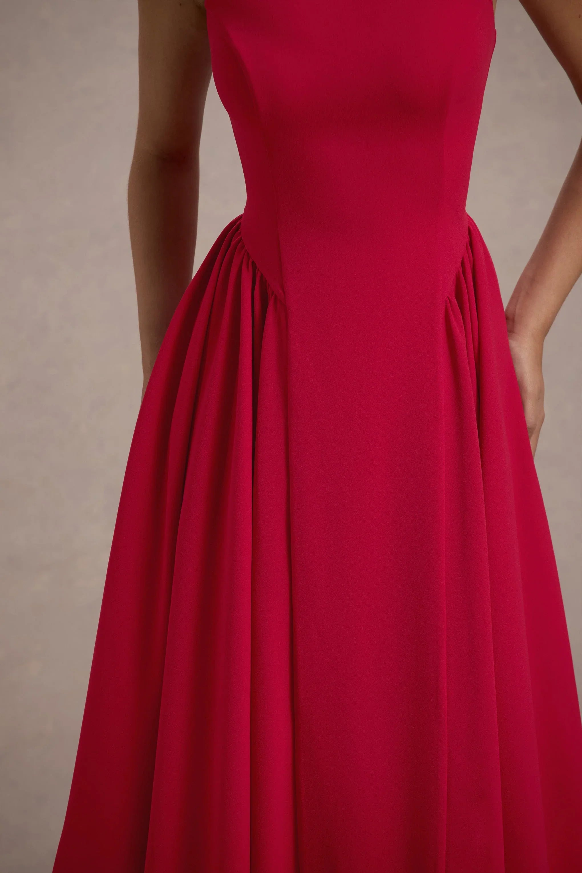 Muriel Red Boat Neck Volume Hem Midi Dress