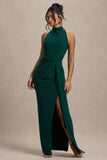Khari Bottle Green High Neck Twisted Maxi Dress With Drape