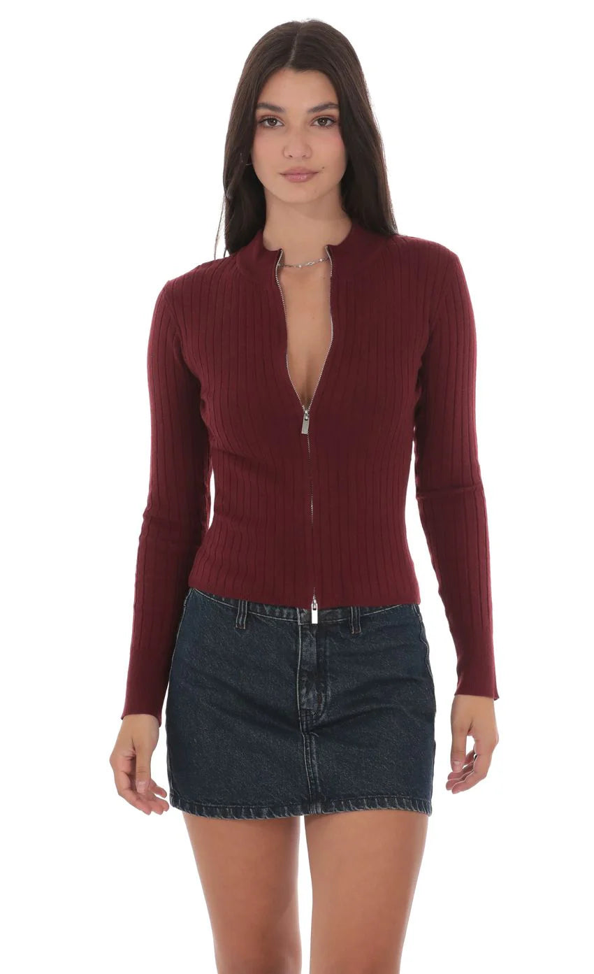 Mock Neck Zip Up Cardigan in Maroon