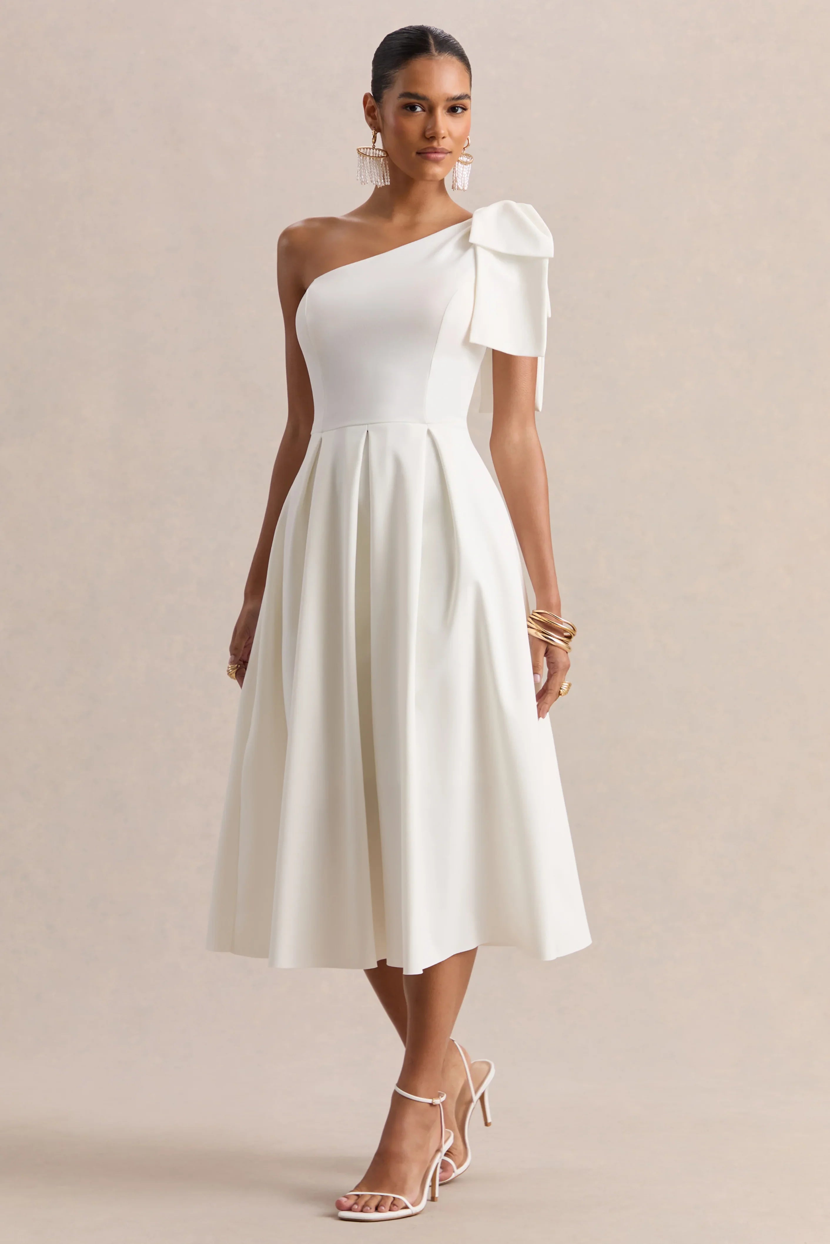 Meria White Asymmetric Neck Midi Dress With Bow Sleeve