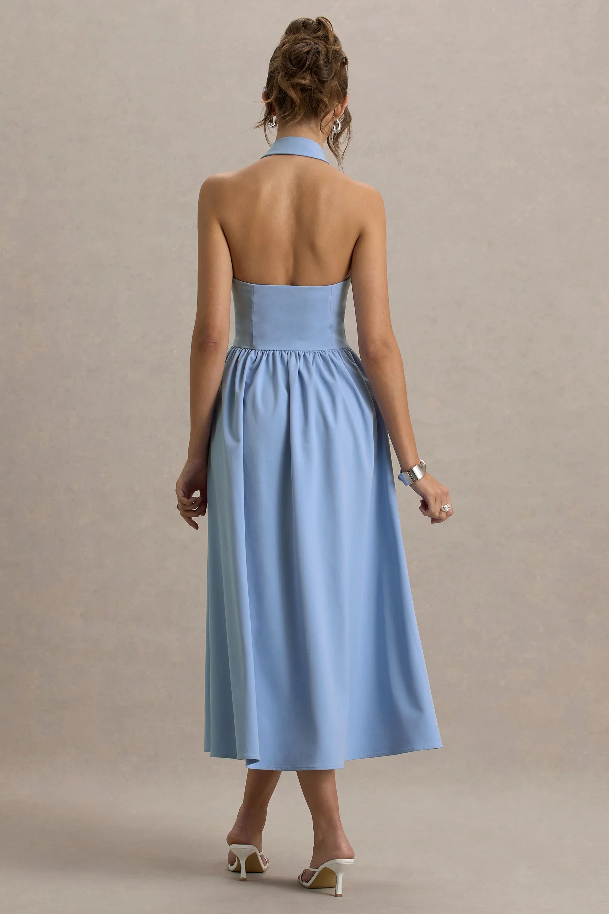 Samsara Light Blue Plunge Neck Collared Midi Dress