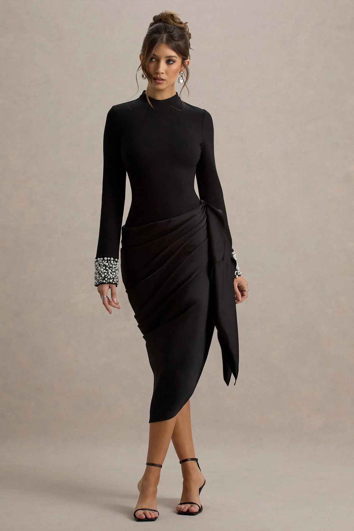 Luanna Black Satin Long Sleeve Midi Dress With Draped Skirt And Embellised Cuffs