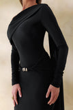 Bessy Black Asymmetric Neck Maxi Dress With Gathered Detailing And Sash