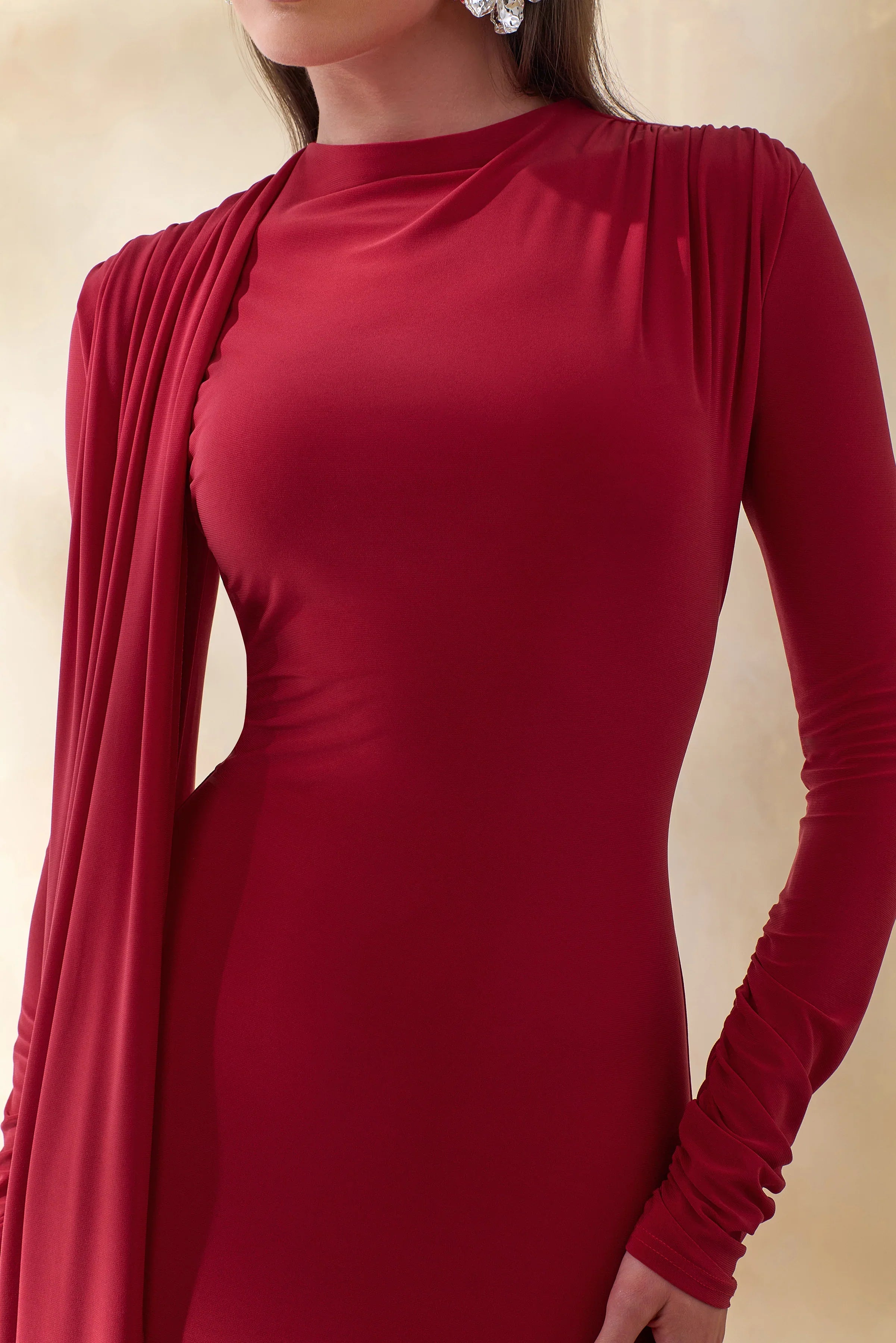 Amaria Red High Neck Maxi Dress With Sash Detail