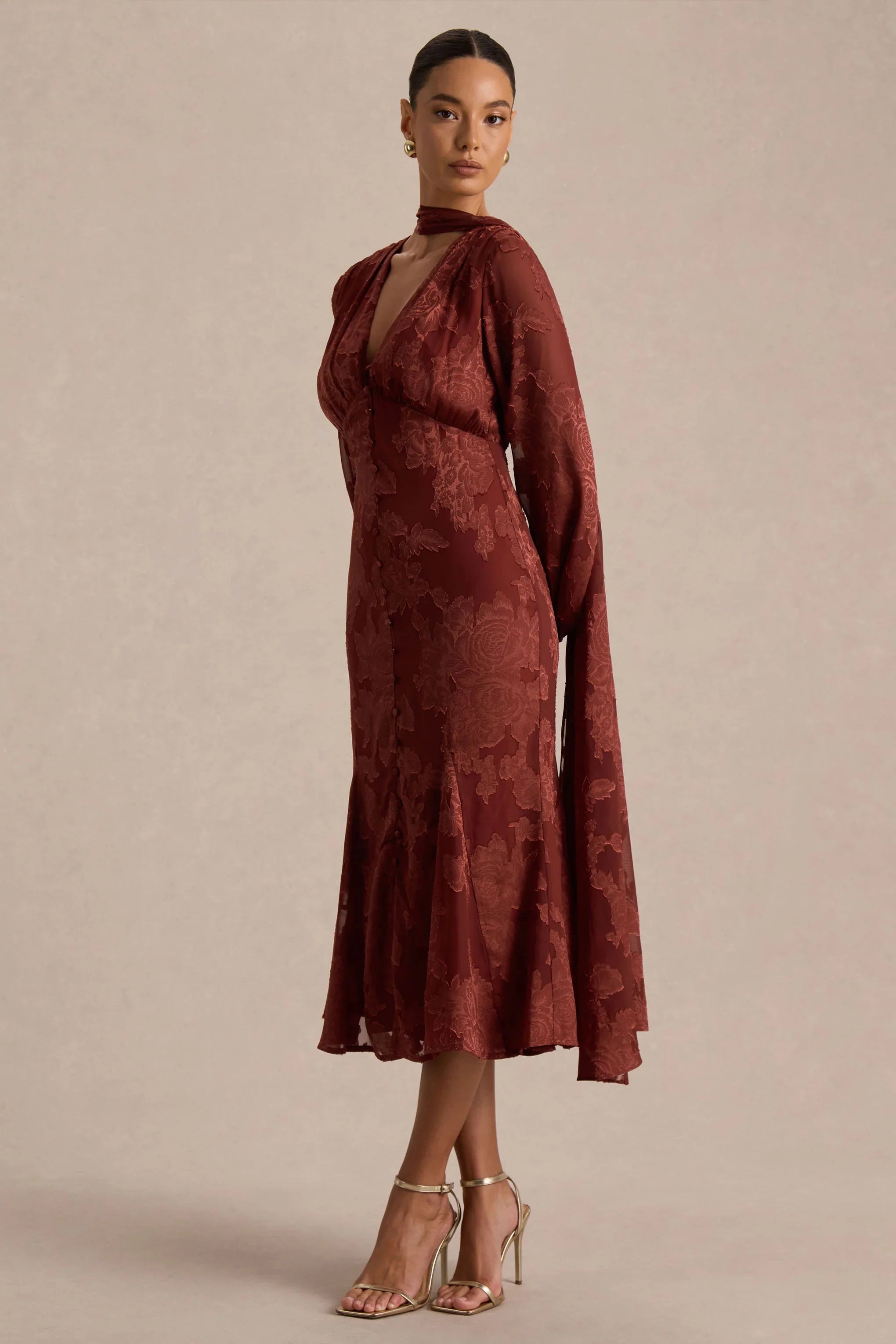 Sabina Rust Devore Plunge Neck Midi Dress