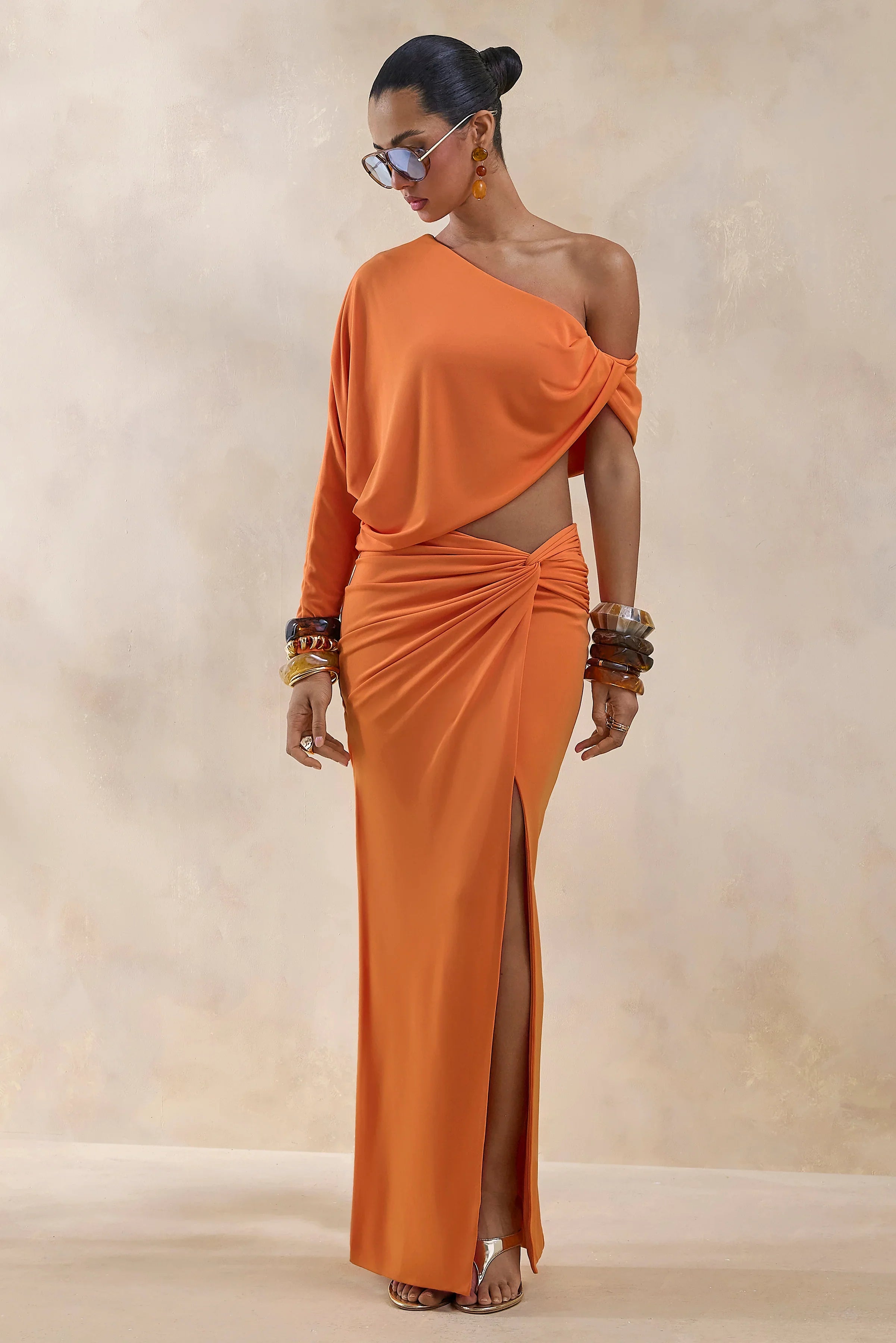 Marlena Orange Twisted Split Maxi Skirt