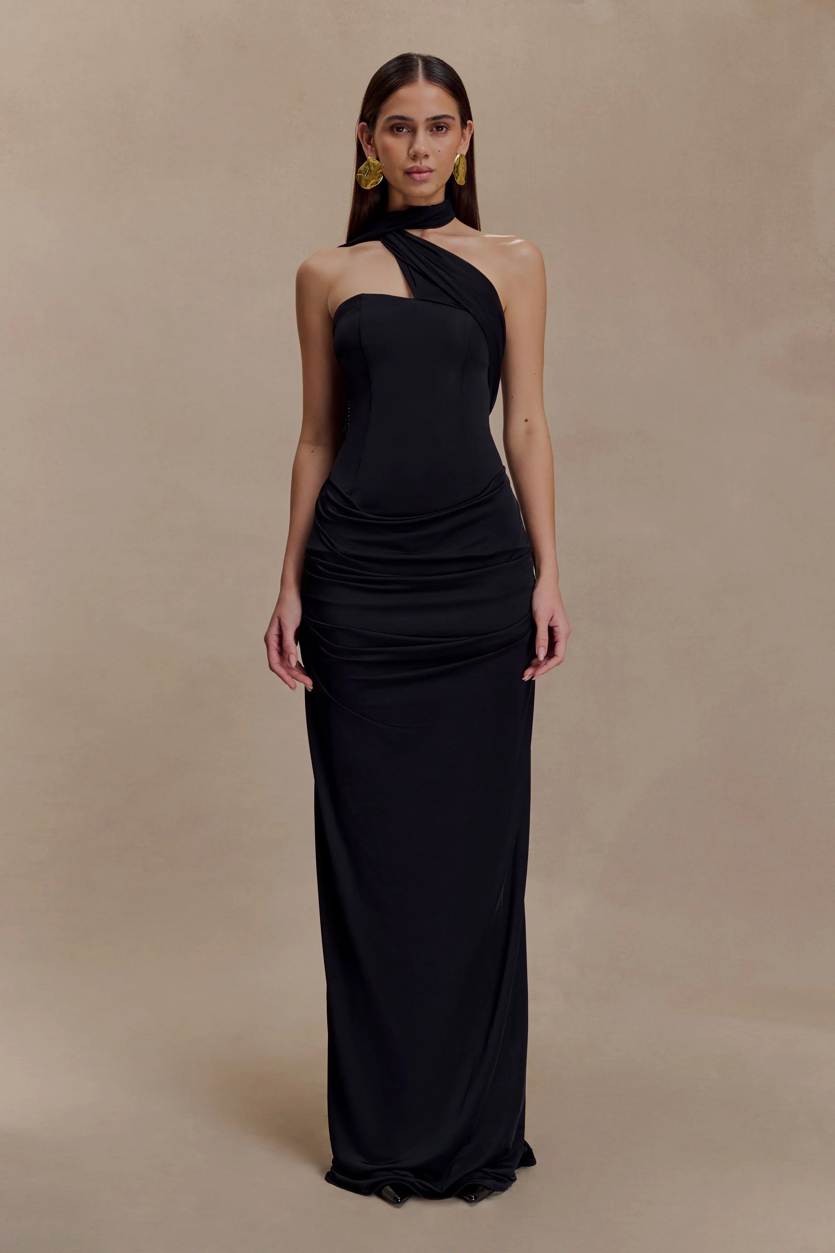 Mattea Slinky And Mesh Maxi Dress With Scarf Black