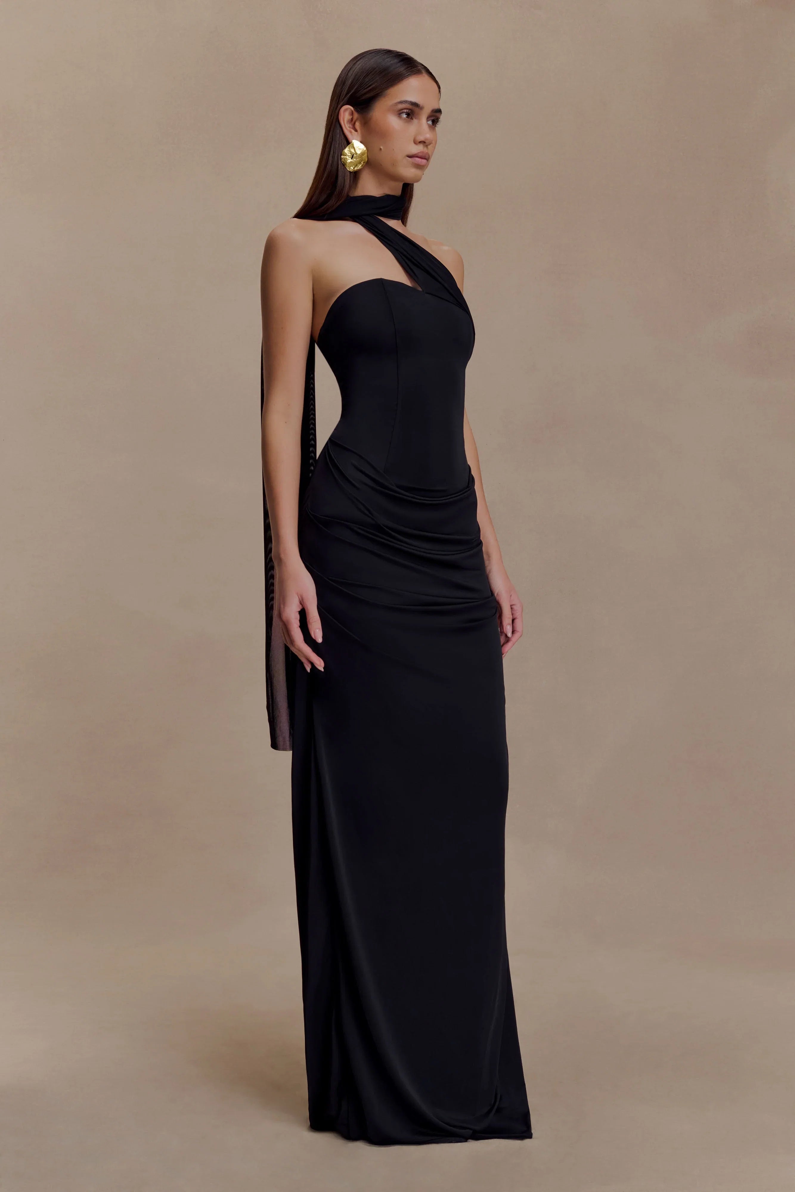 Mattea Slinky And Mesh Maxi Dress With Scarf Black