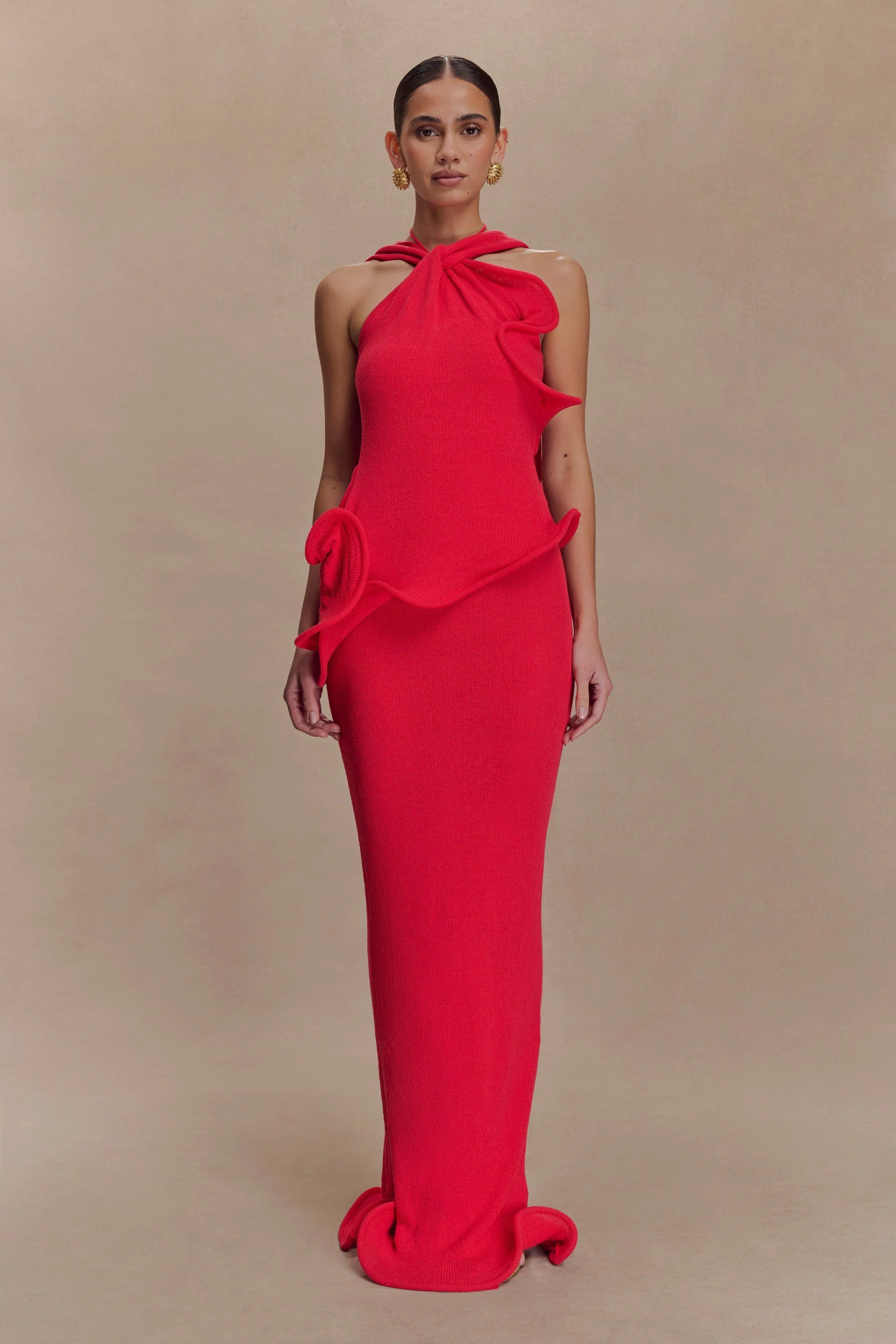 Caprice Halter Knit Maxi Dress Red