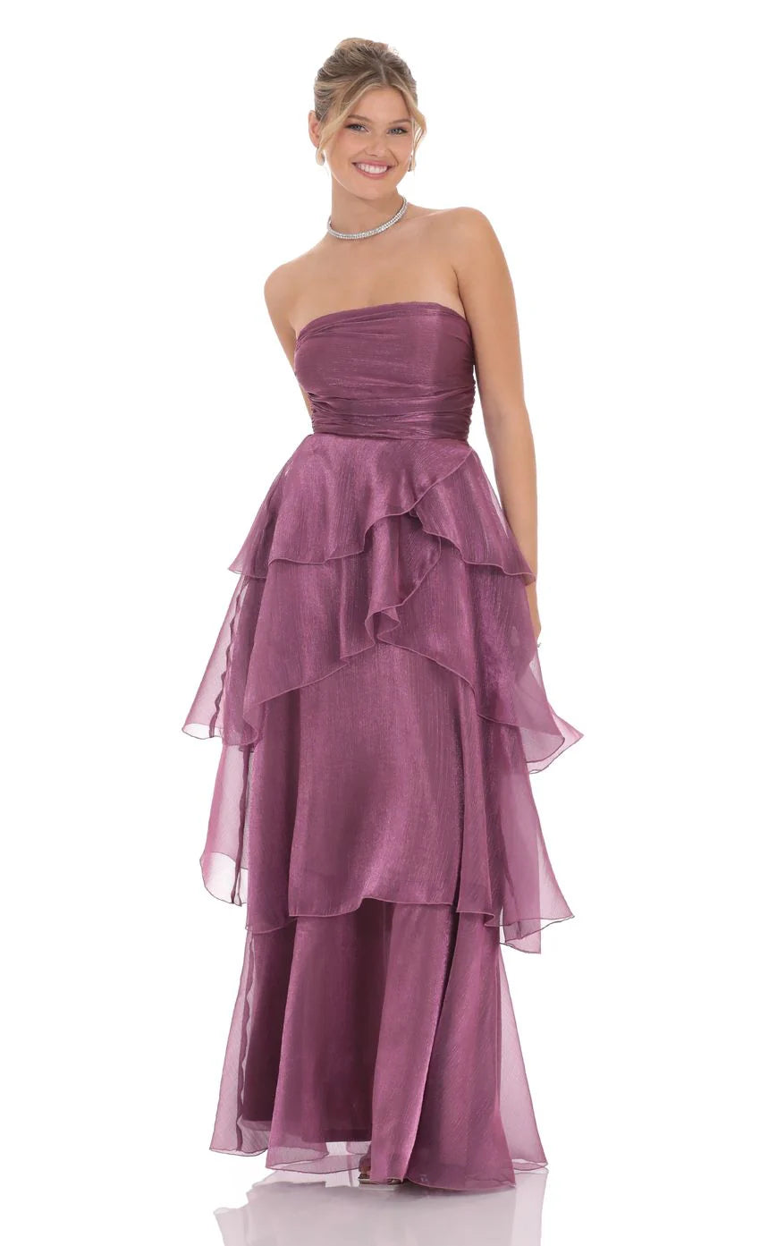 Corset Petal Ruffle Strapless Maxi Dress in Purple