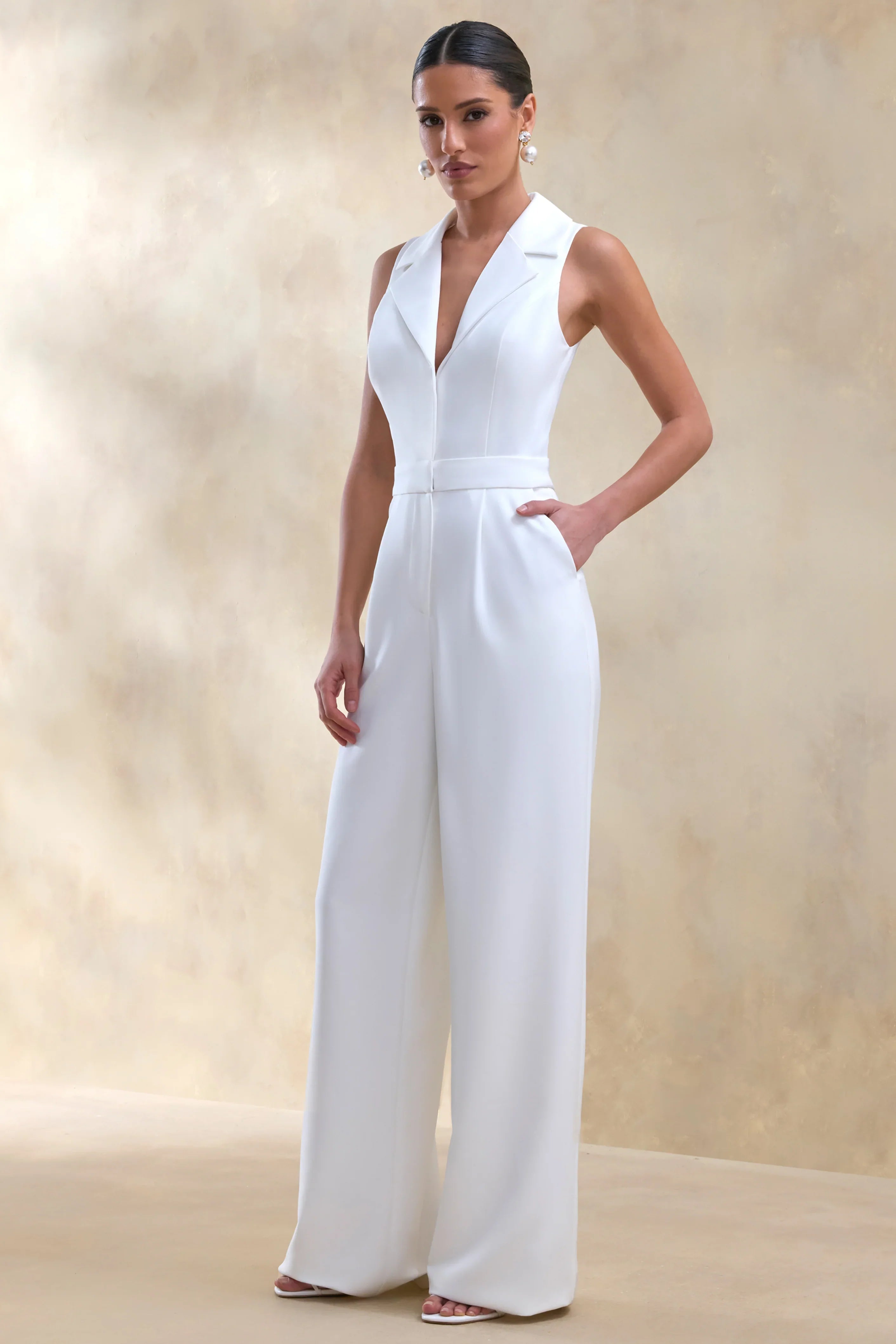 Brillora White Plunge Neck Tailored Jumpsuit