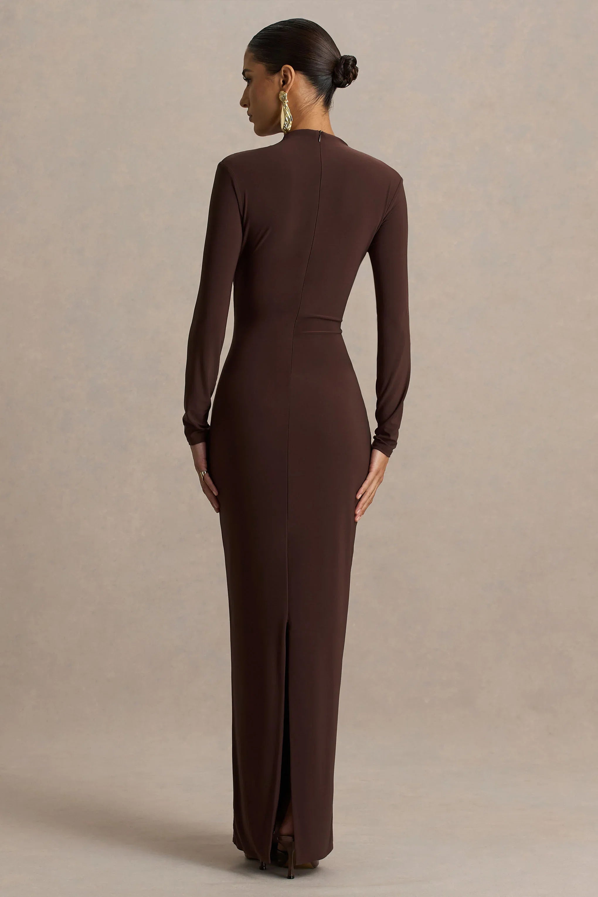 Zadie Brown High Neck Maxi Dress With Gathered Detail