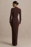 Zadie Brown High Neck Maxi Dress With Gathered Detail