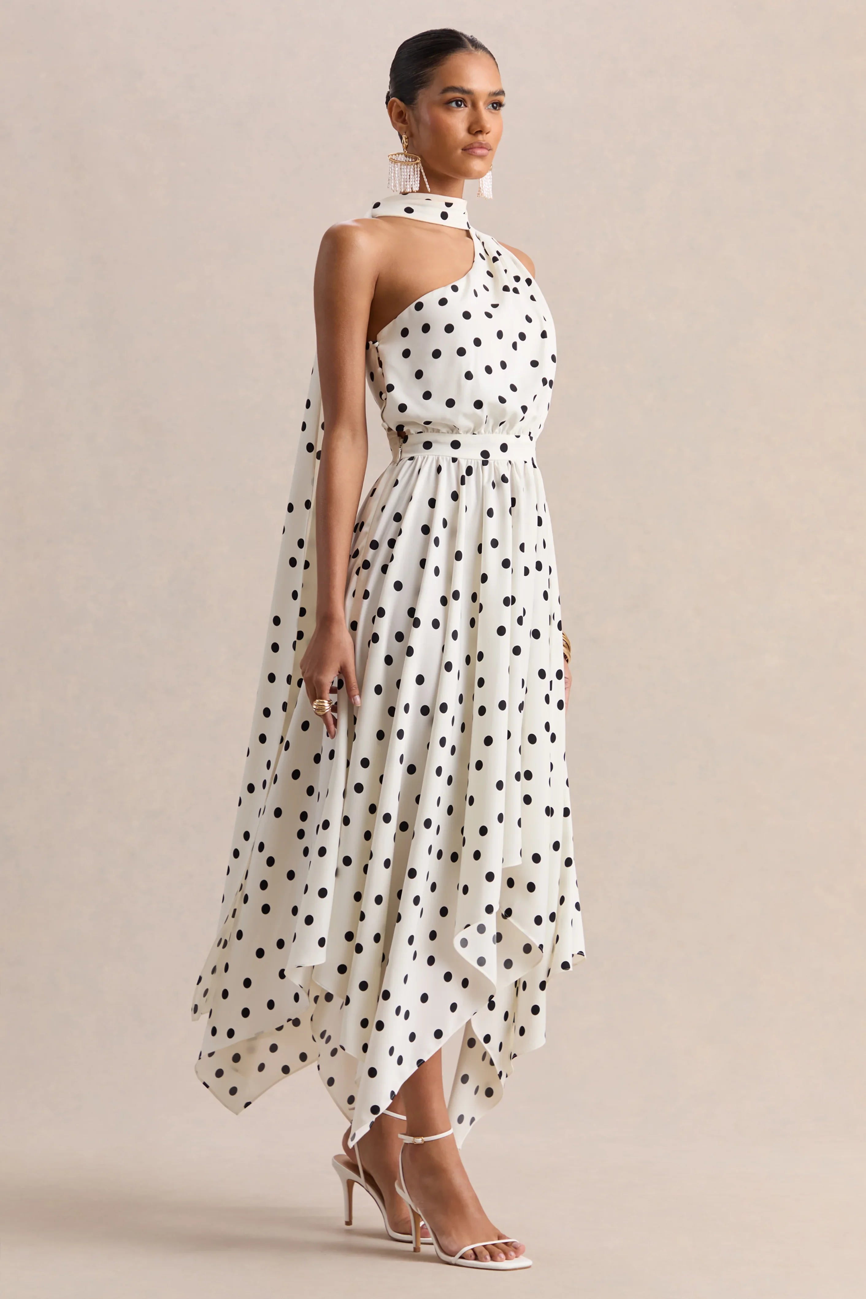 Caluna White And Black Polka Dot Satin Asymmetric Neck Midi Dress With Scarf Detail