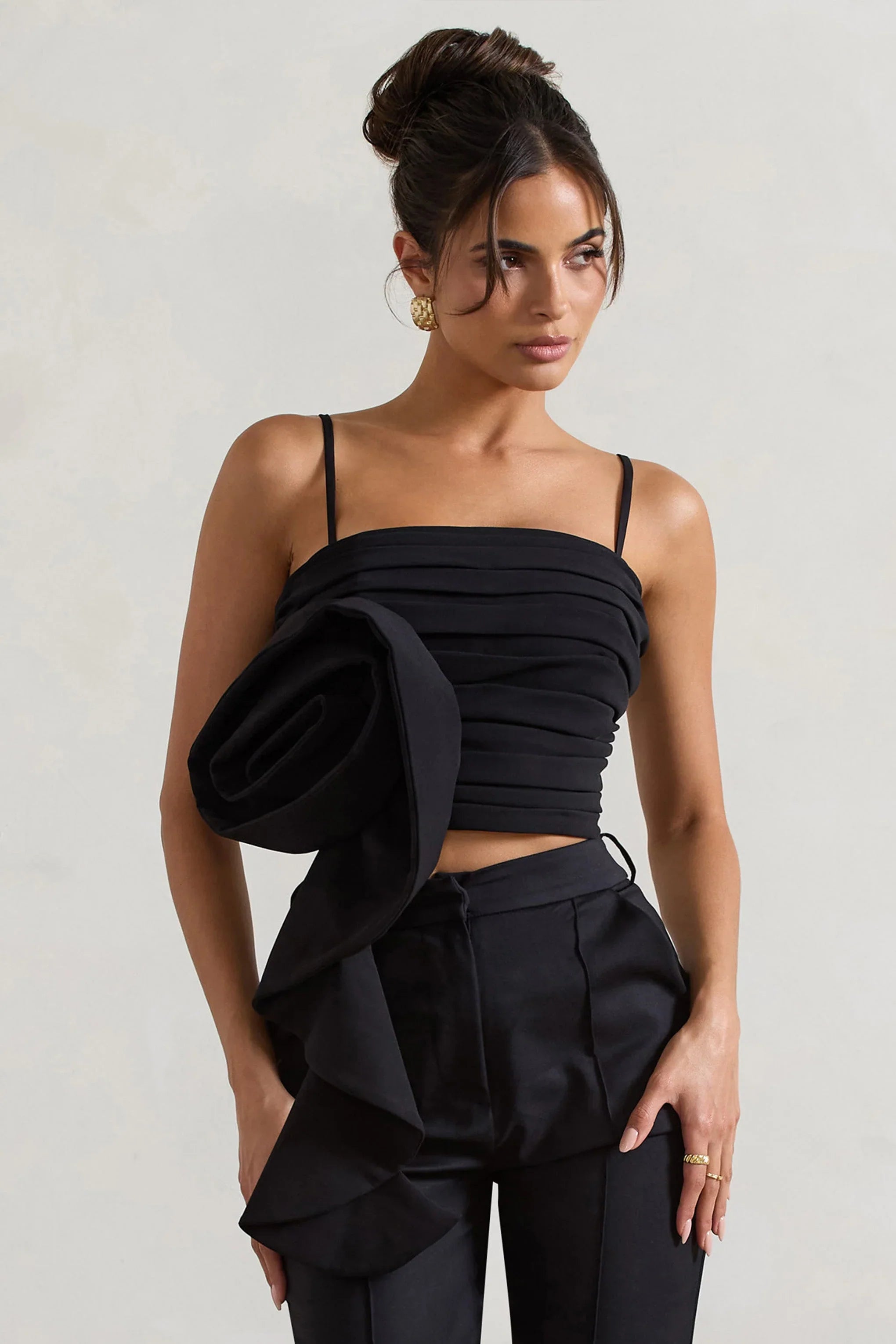 Whirlwind Black Strappy Top With Oversized Ruffle Detail