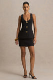 Angel Black Plunge Neck Tailored Mini Dress With Gold Detailing