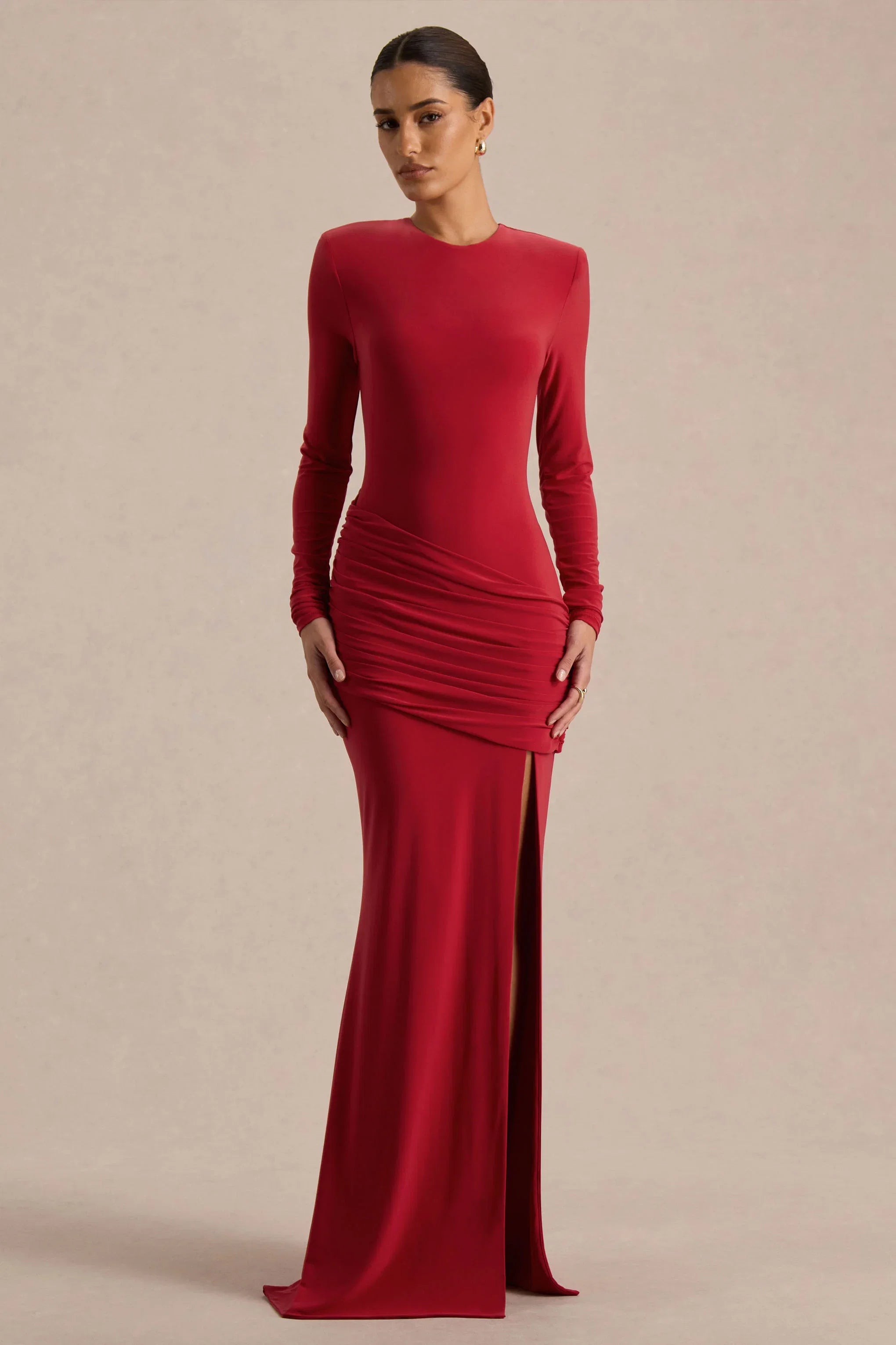Liora Red Crew Neck Maxi Dress With Front High Split