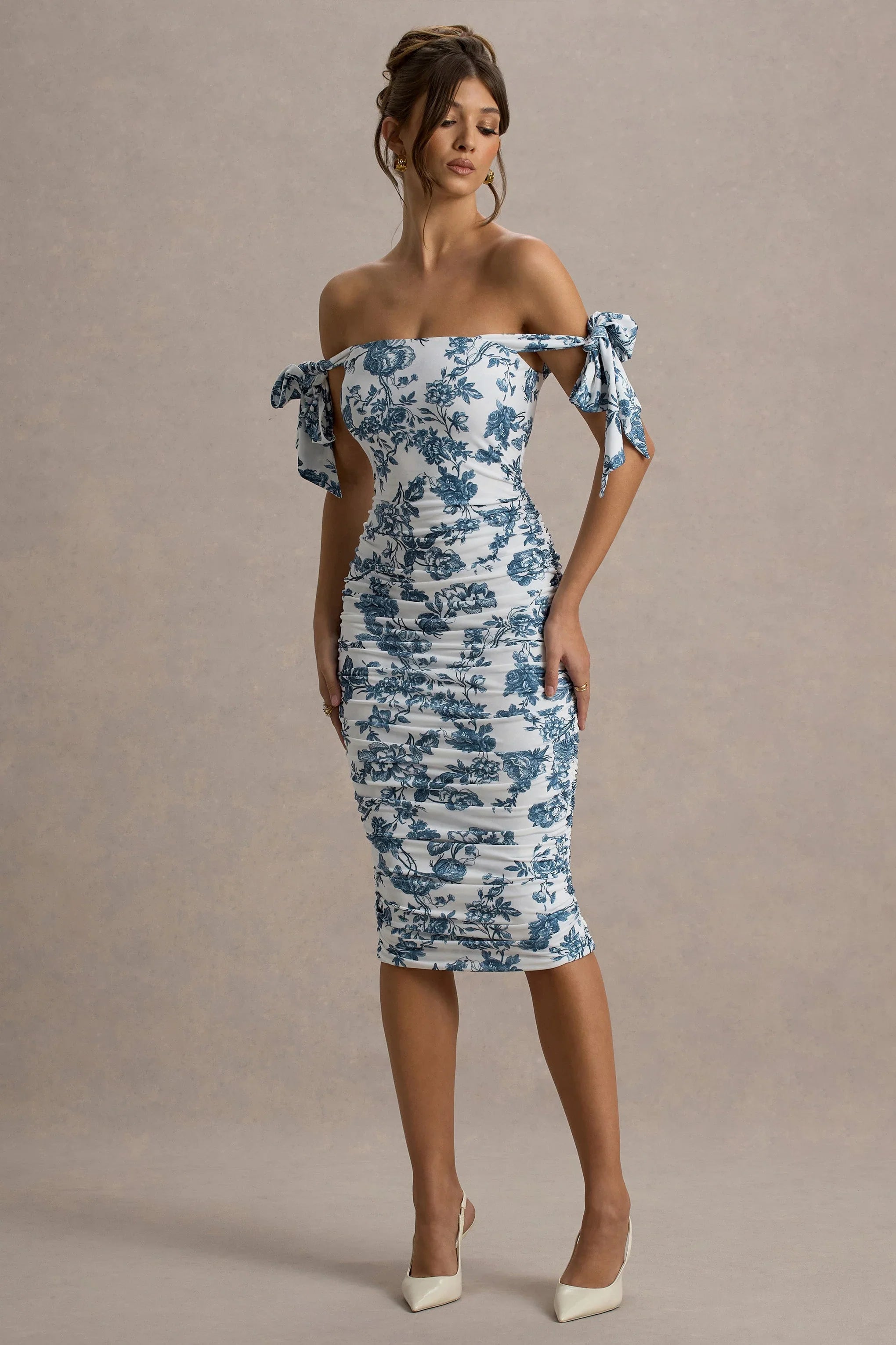 Citrus Blue Porcelain Print Bardot Bodycon Midi Dress With Bow Sleeves