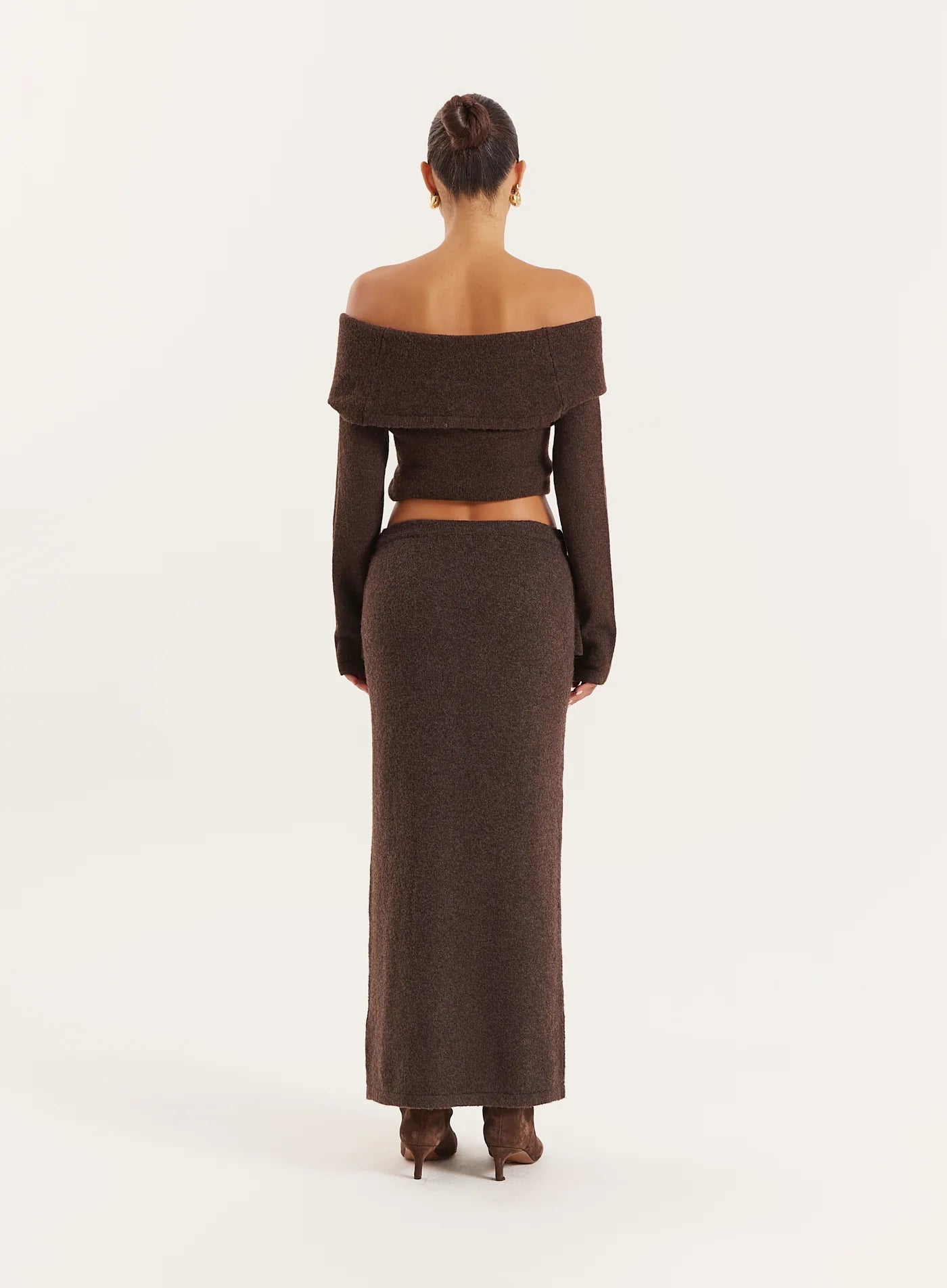 Chocolate Knitted Bardot Long Sleeved Top