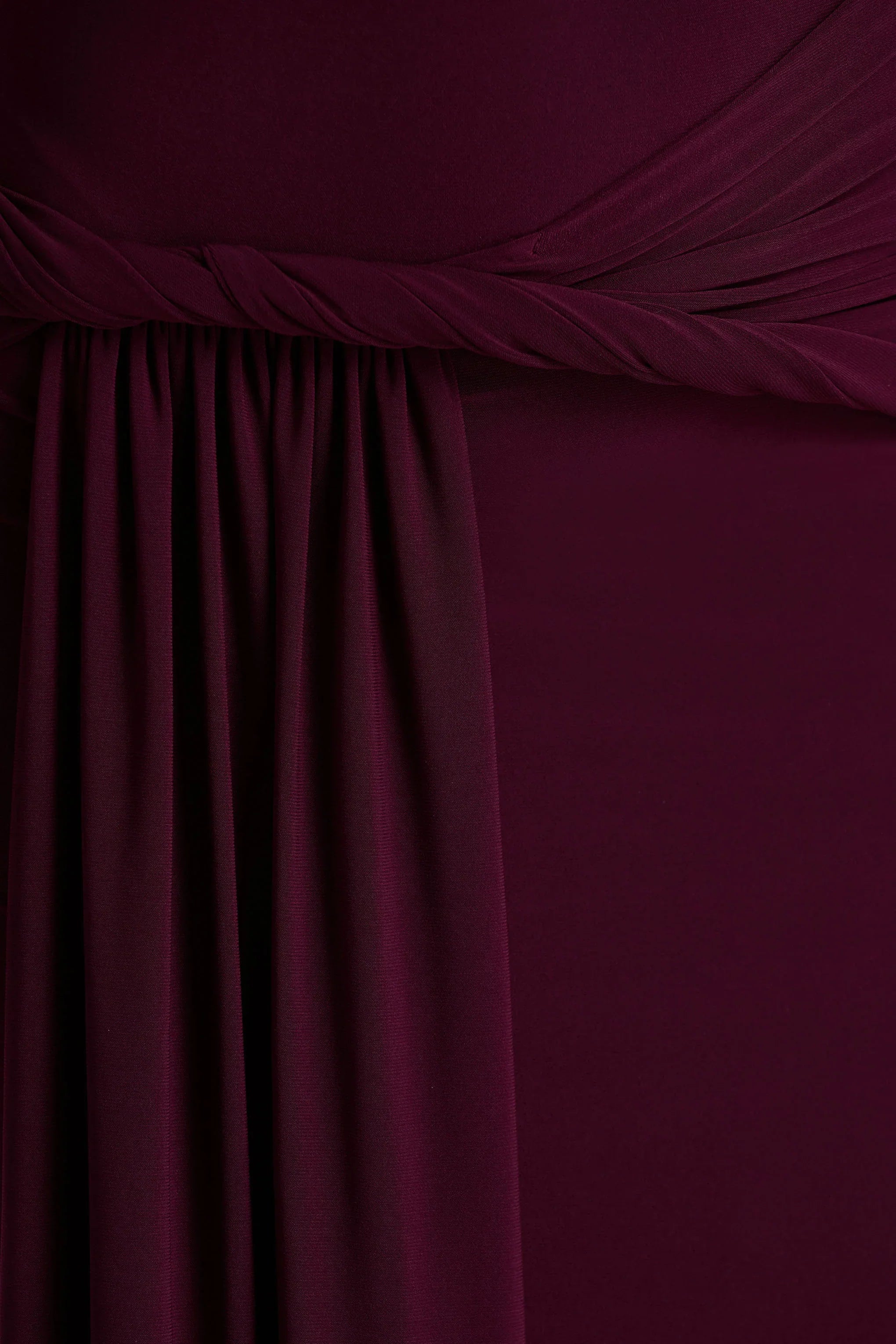 Tulisa Burgundy Asymmetric Neck Maxi Dress With Twist Sleeves And Ruched Detailing