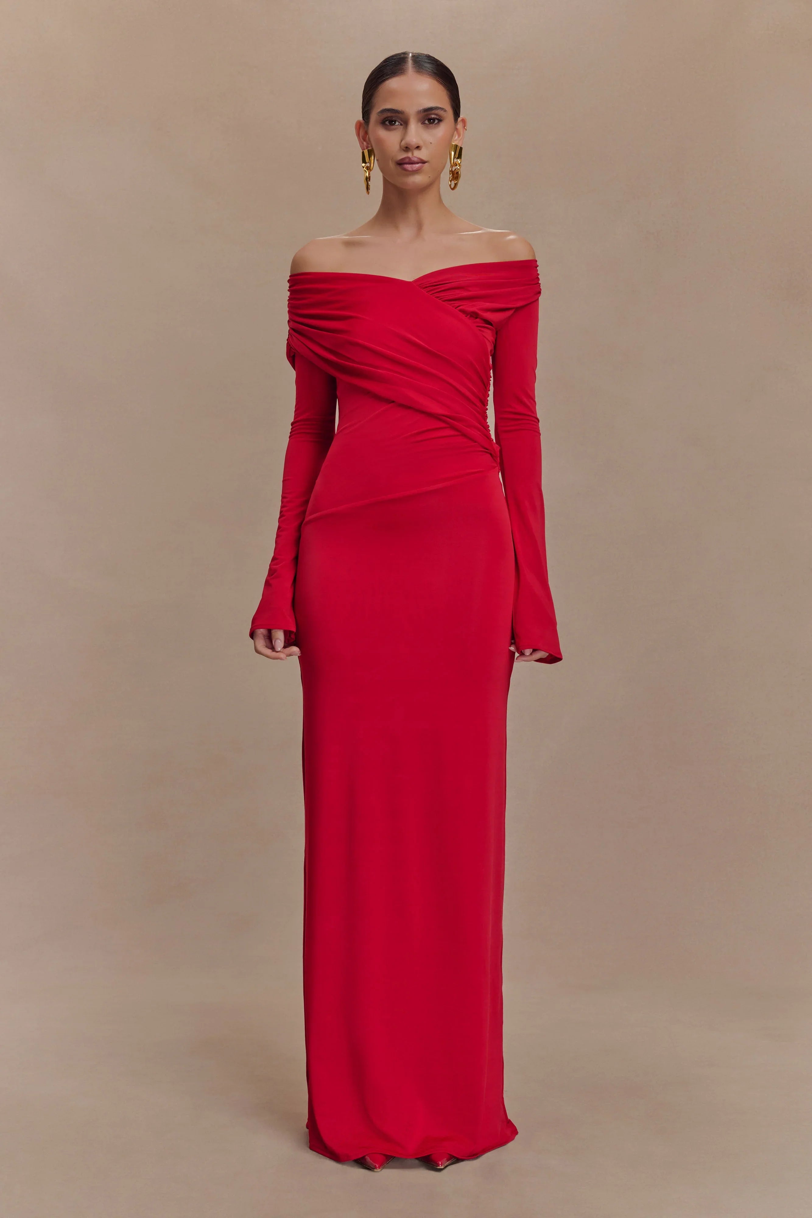 Therese Off Shoulder Ruched Maxi Dress Red