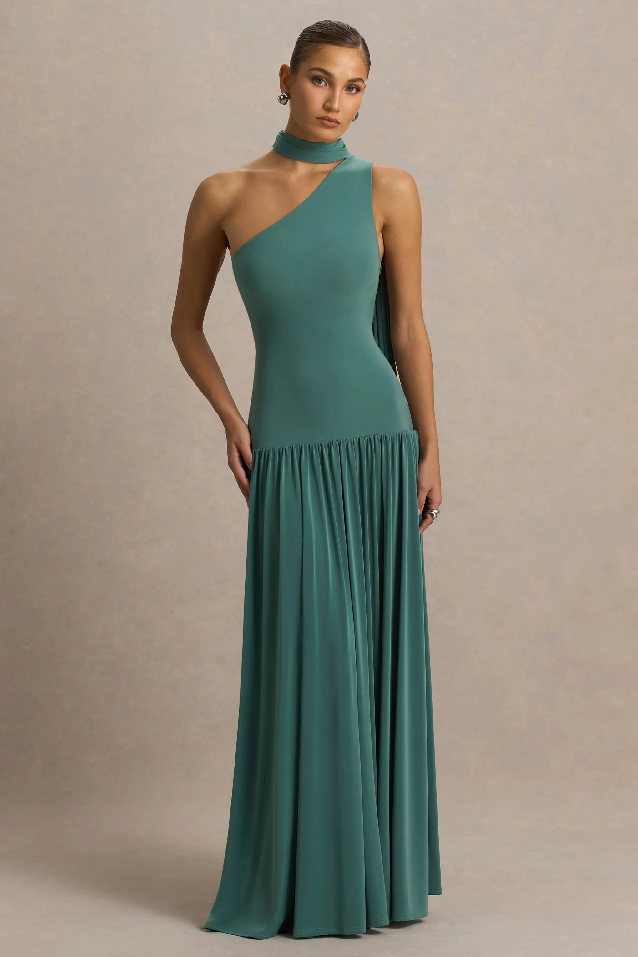 Freesia Teal Asymmetric Neck Maxi Dress With Scarf Detail