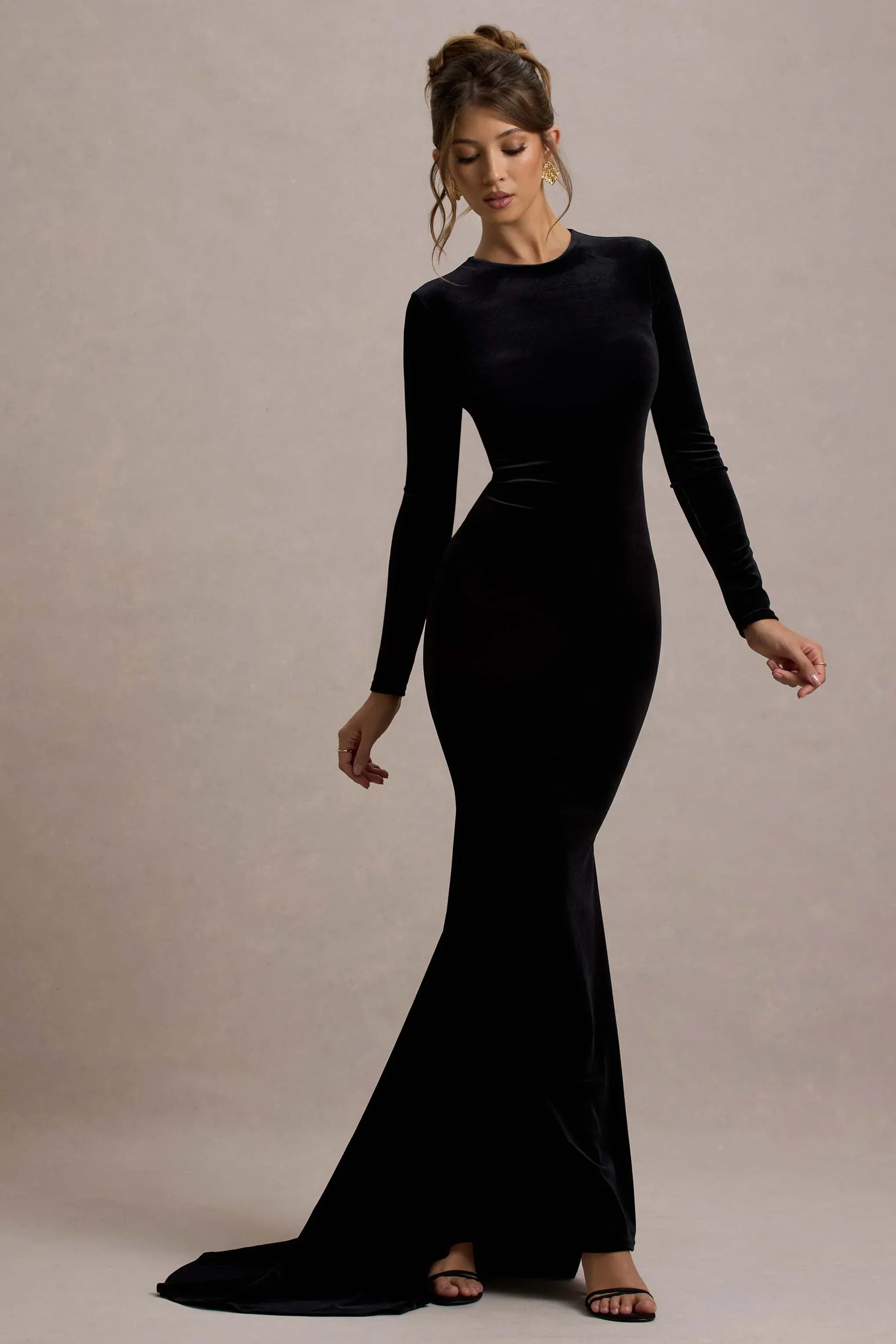Keaton Black Velvet Long Sleeve Open Back Maxi Dress