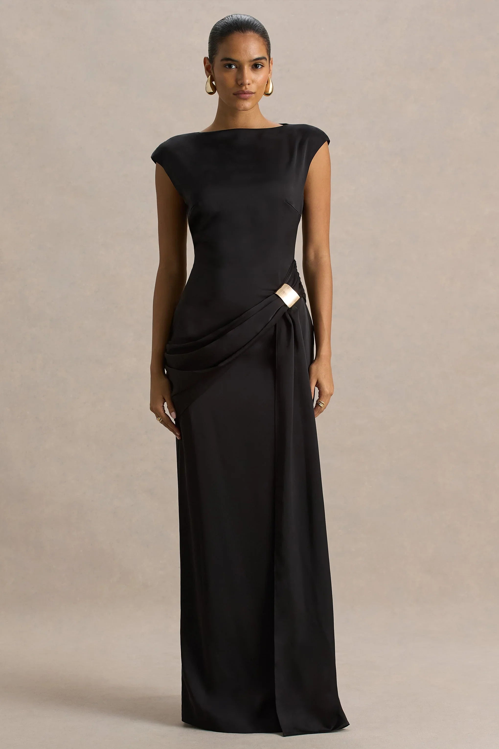 Influence Black Satin Slashed Neck Maxi Dress With Embellished Detail And Sash